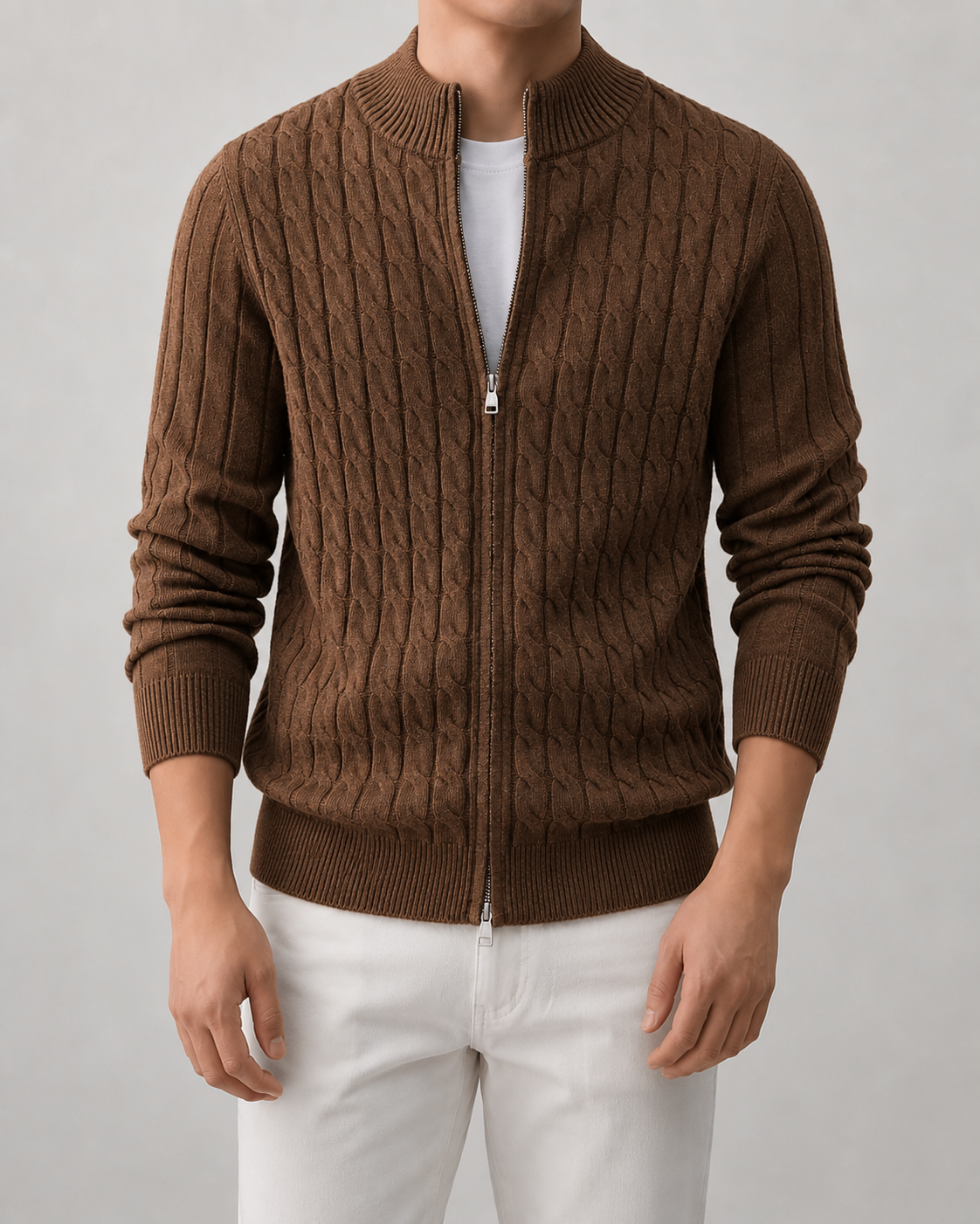 Men's Cable Knit Zip Cardigan with Stand Collar