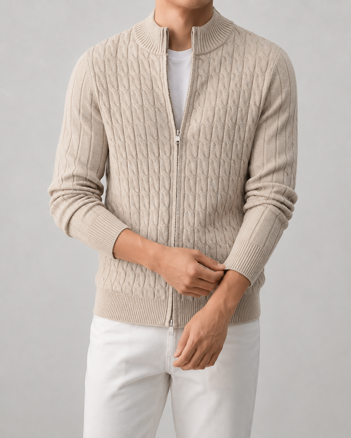 Men's Cable Knit Zip Cardigan with Stand Collar
