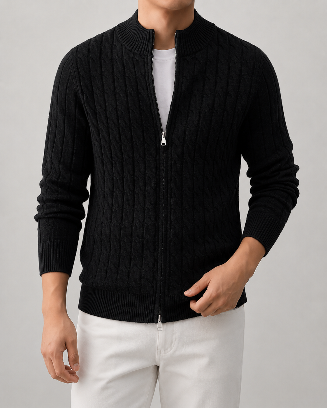 Men's Cable Knit Zip Cardigan with Stand Collar