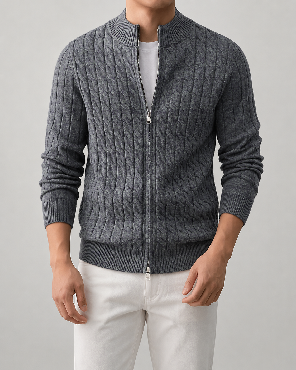 Men's Cable Knit Zip Cardigan with Stand Collar