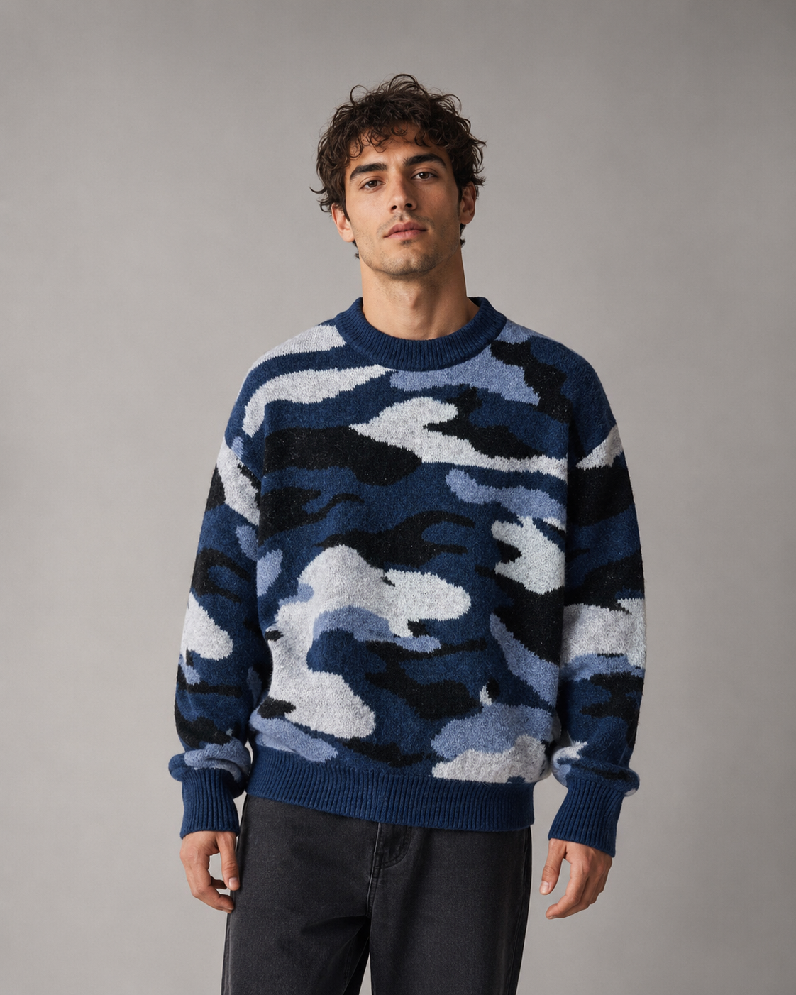 Men's Camo Knit Sweater - Relaxed Fit Crew Neck
