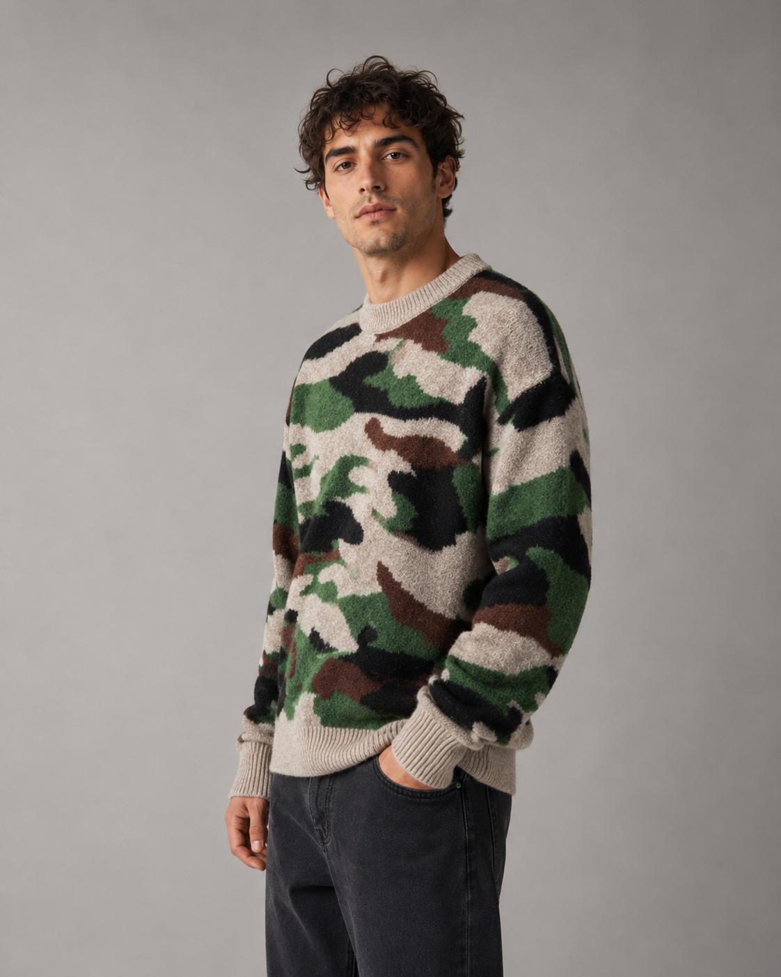 Men's Camo Knit Sweater - Relaxed Fit Crew Neck