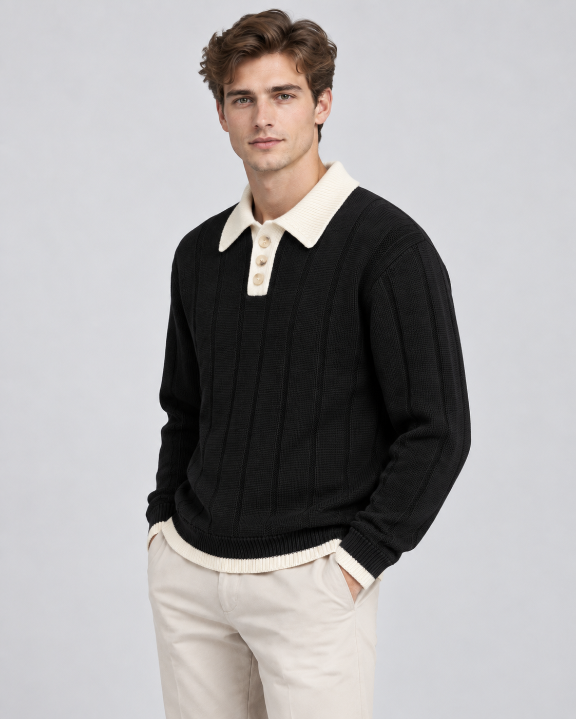 Men's Contrast Collar Polo Sweater - Ribbed Knit Regular Fit
