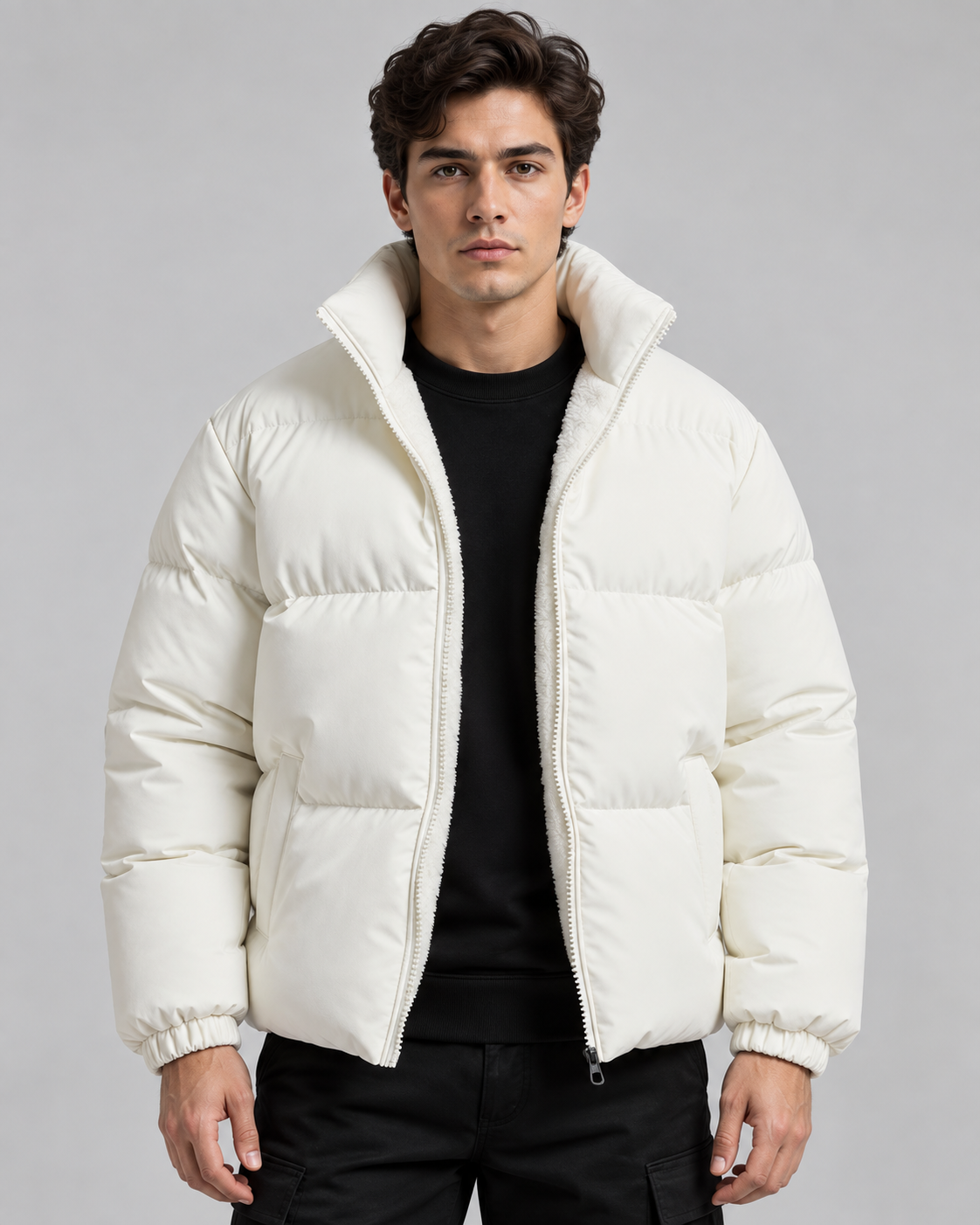Men's Fleece-Lined Puffer Jacket - Funnel Neck Zip-Up