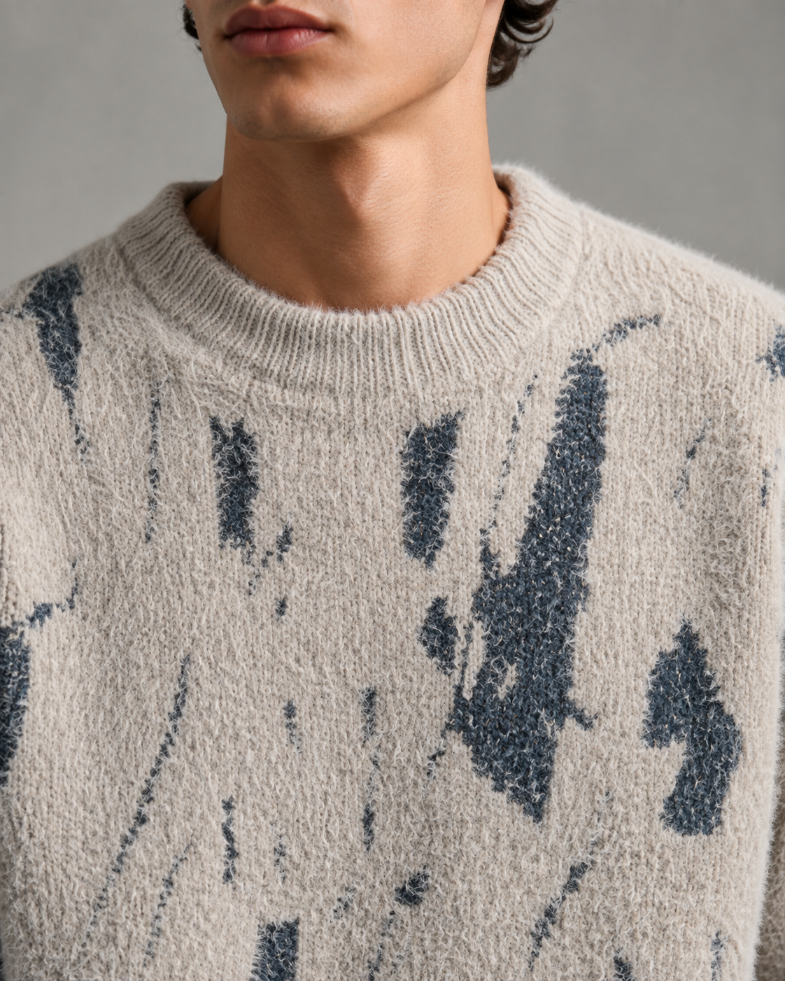 Men's Fuzzy Knit Sweater - Abstract Print Relaxed Fit