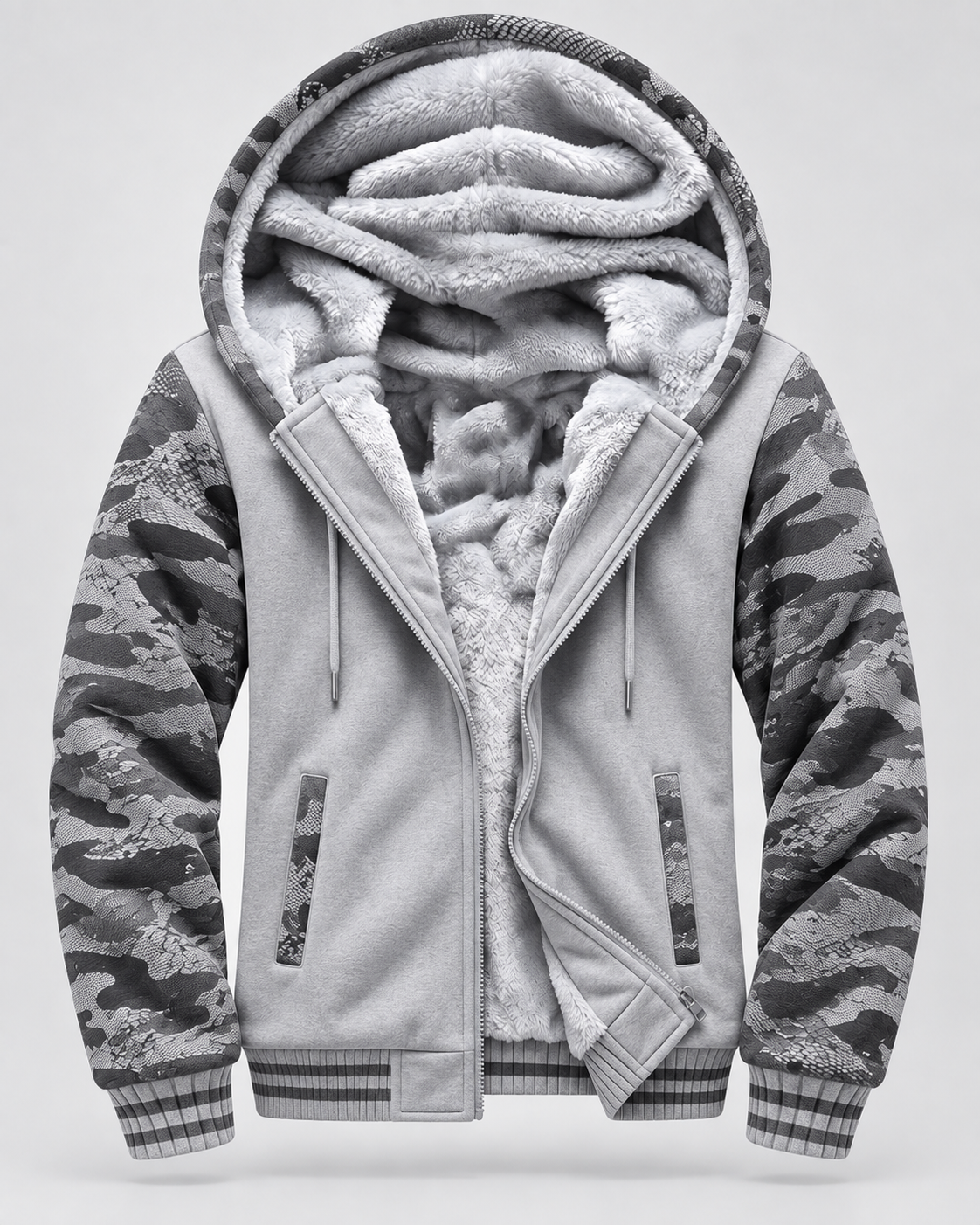 Men's Hooded Fleece Zip Jacket - Contrast Sleeve Regular Fit