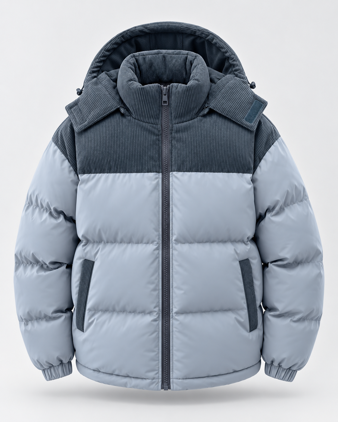 Men's Hooded Puffer Jacket - Corduroy Panel Zip-Up