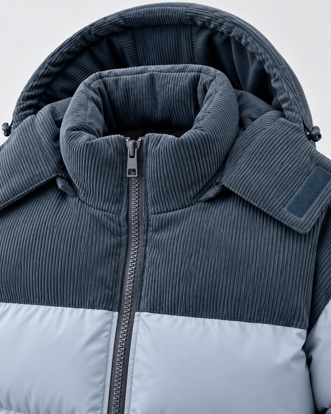 Men's Hooded Puffer Jacket - Corduroy Panel Zip-Up