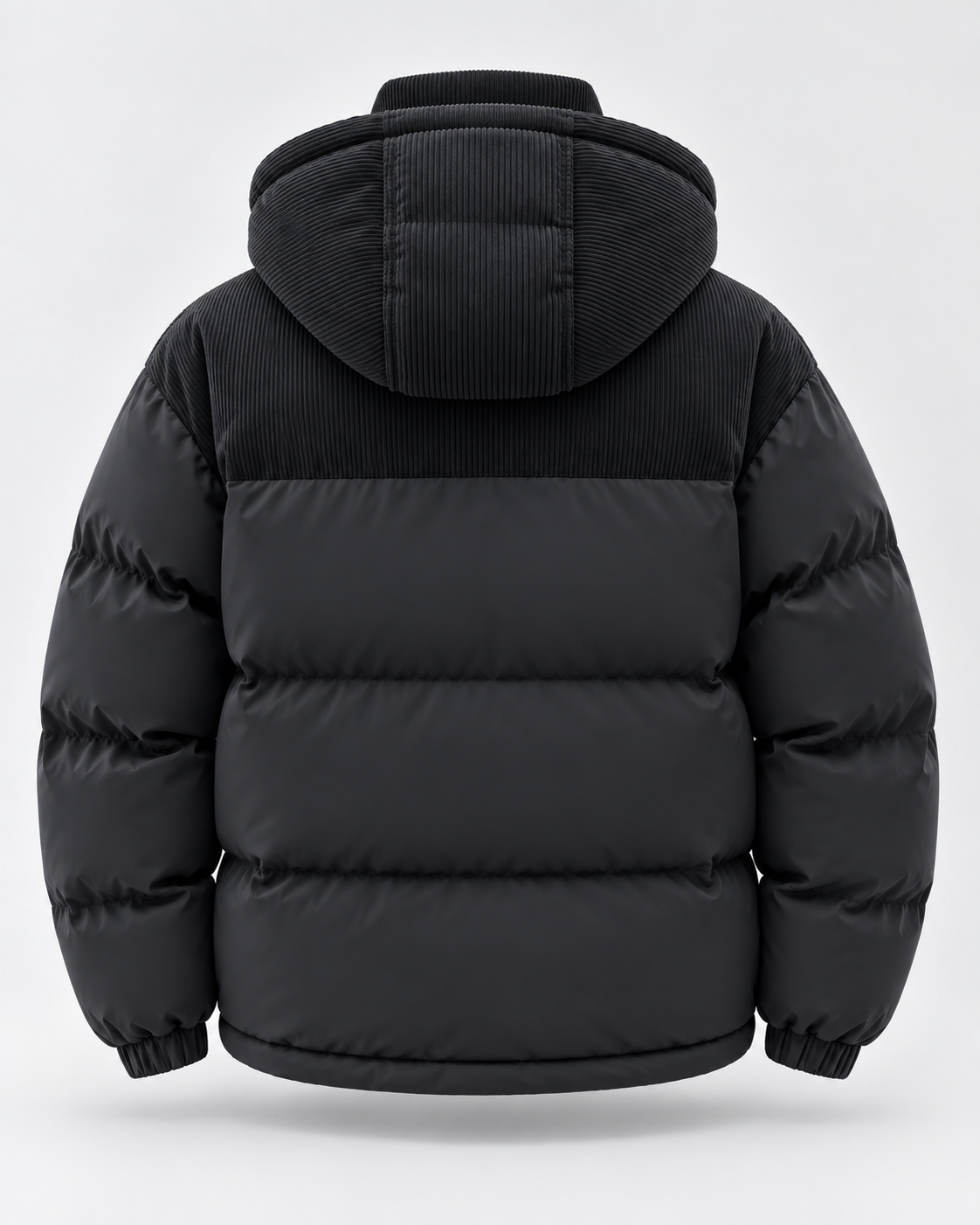 Men's Hooded Puffer Jacket - Corduroy Panel Zip-Up