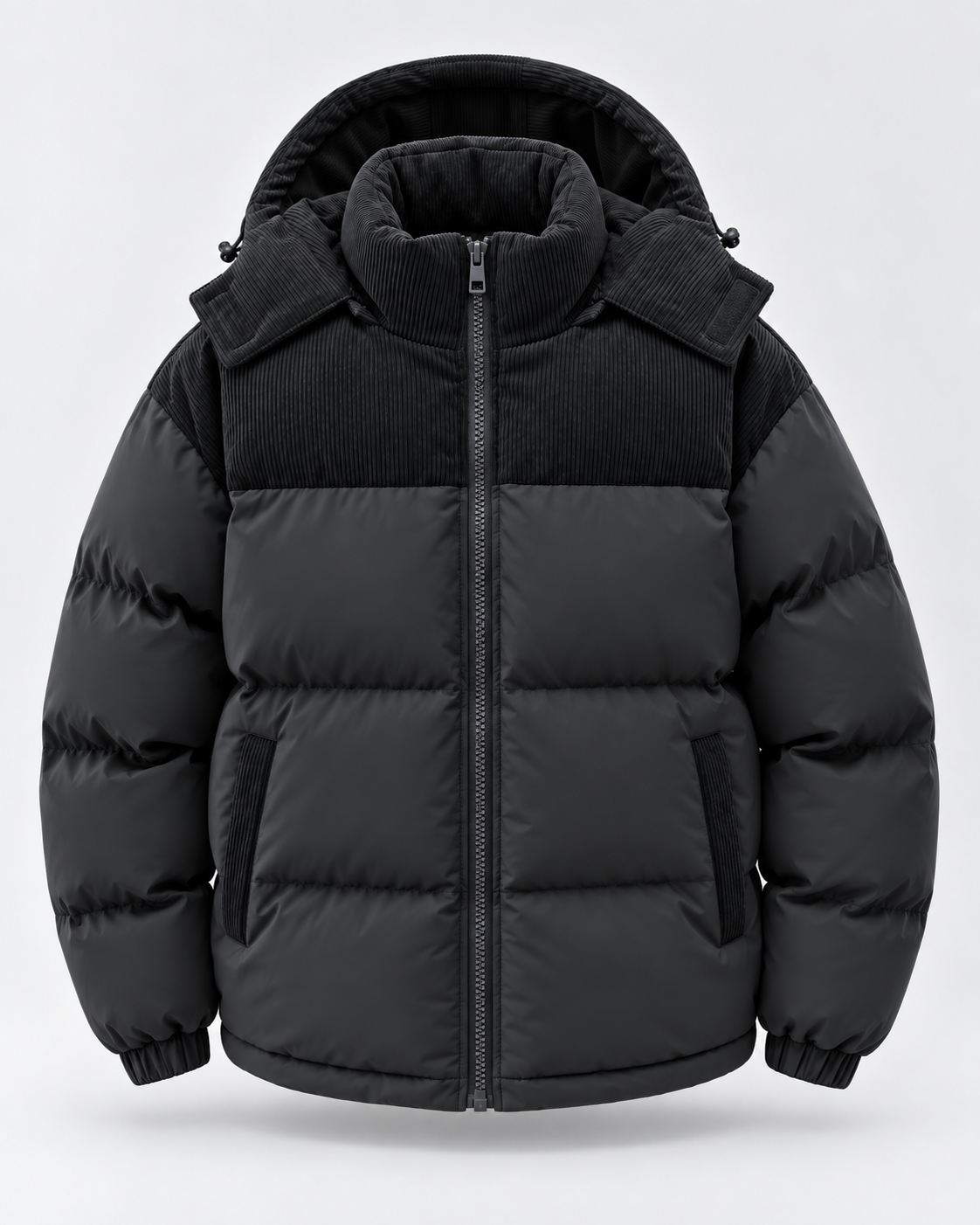 Men's Hooded Puffer Jacket - Corduroy Panel Zip-Up