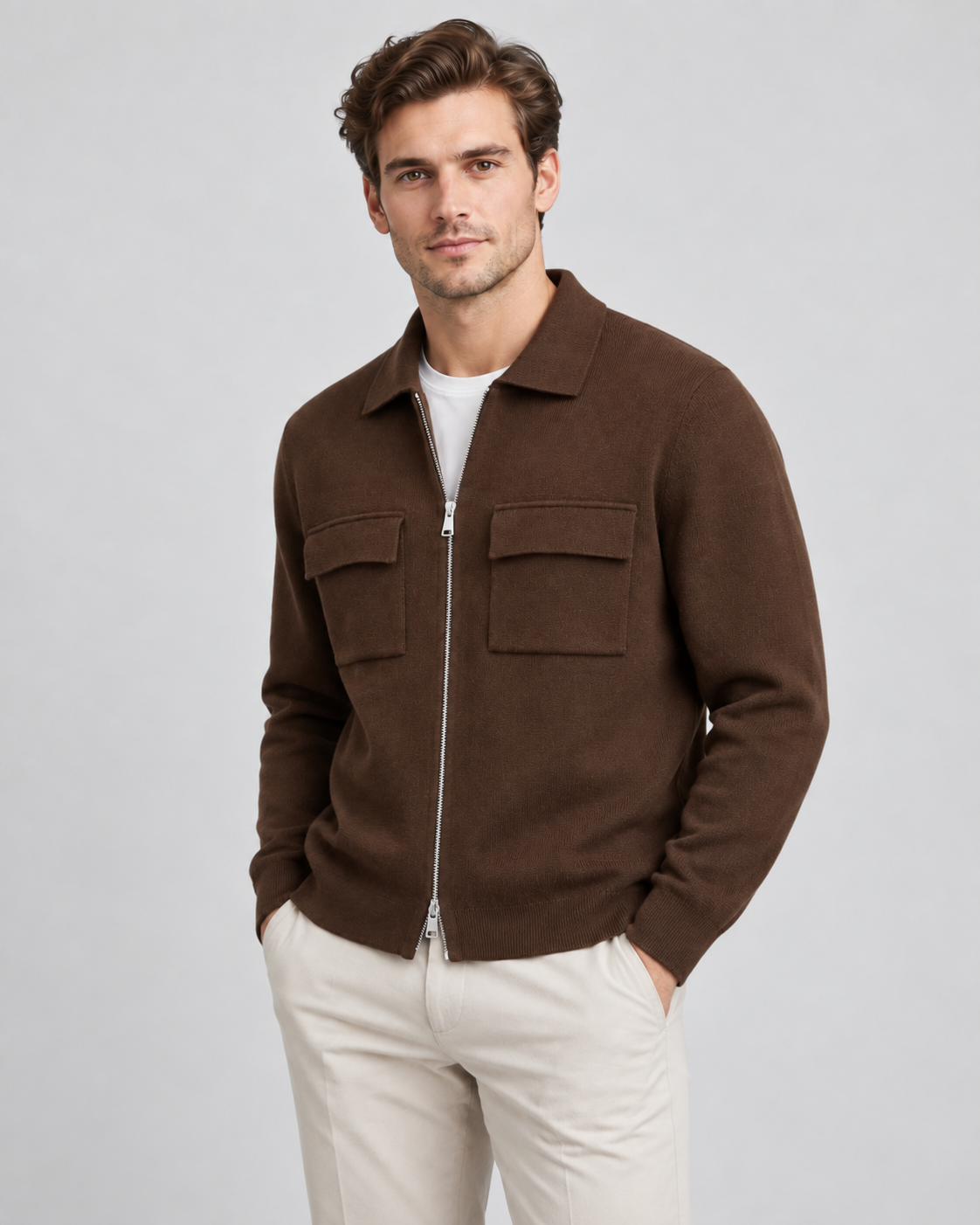 Men's Knit Zip Jacket - Shirt Collar Chest Pockets