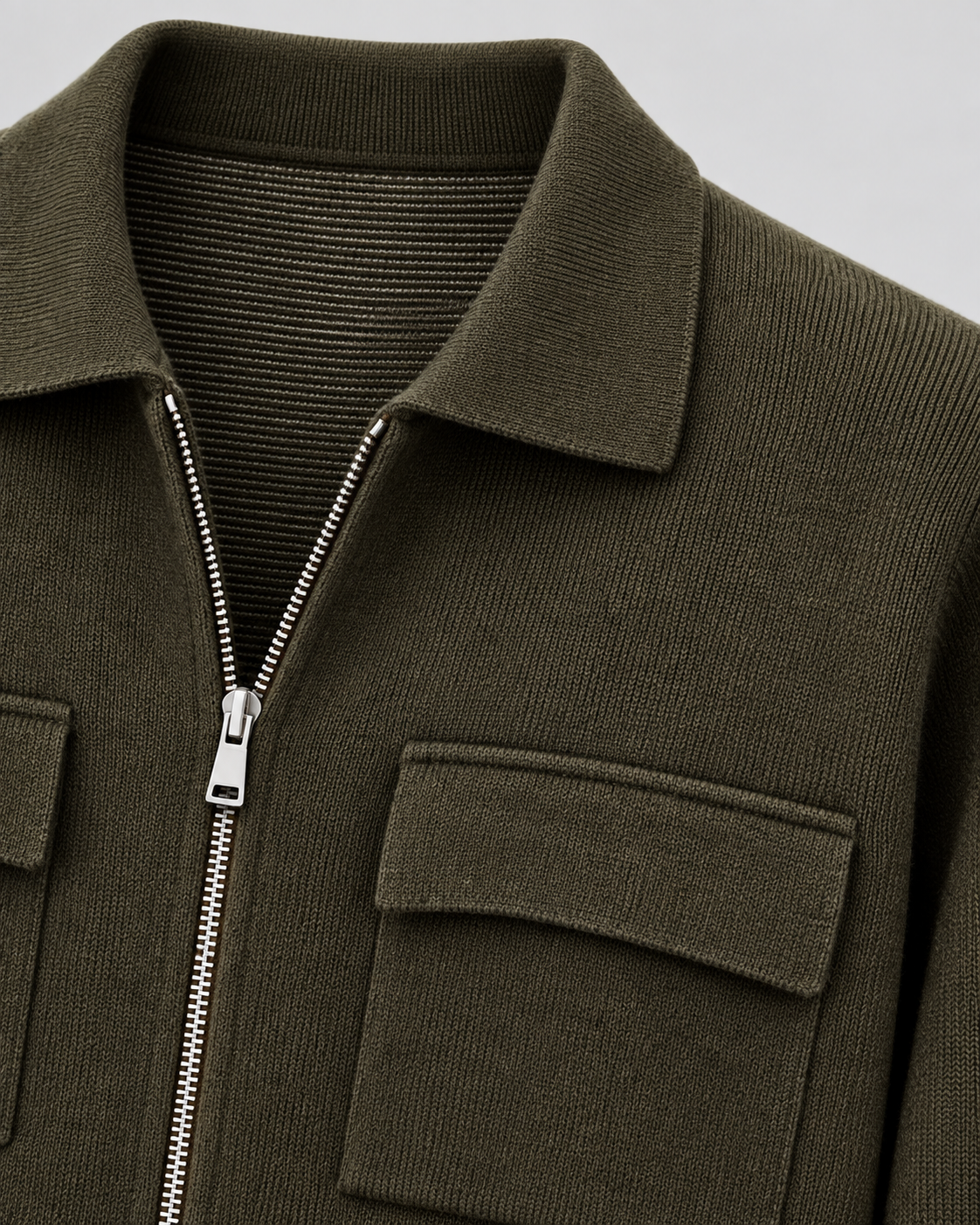 Men's Knit Zip Jacket - Shirt Collar Chest Pockets