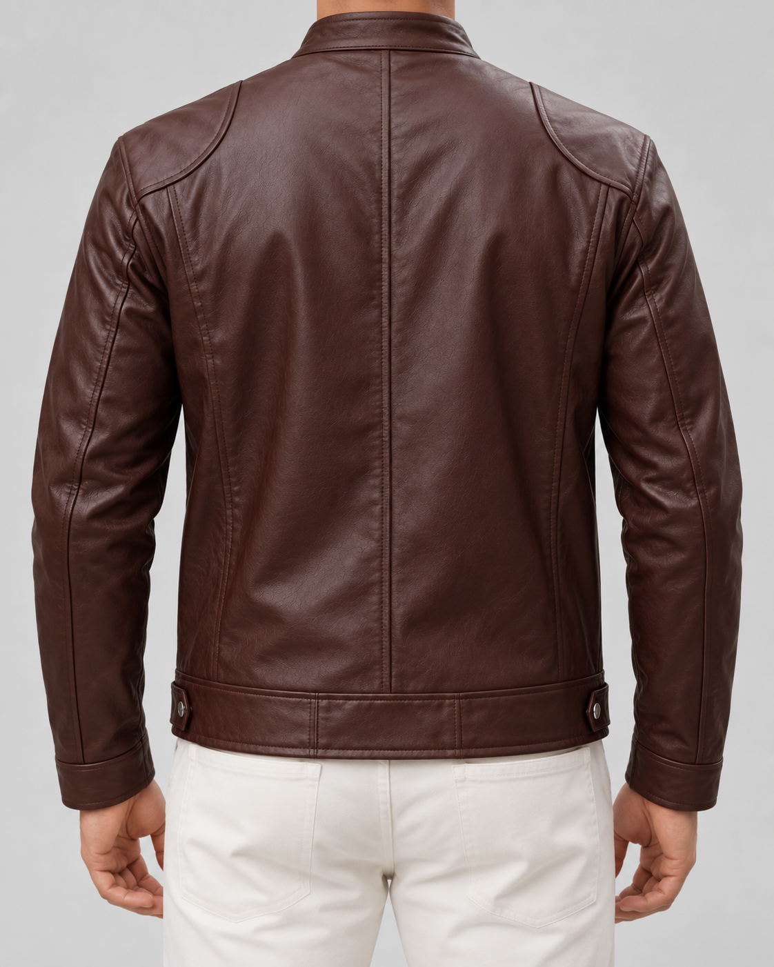 Men's Leather Racer Jacket - Zip Front Stand Collar Hip Length