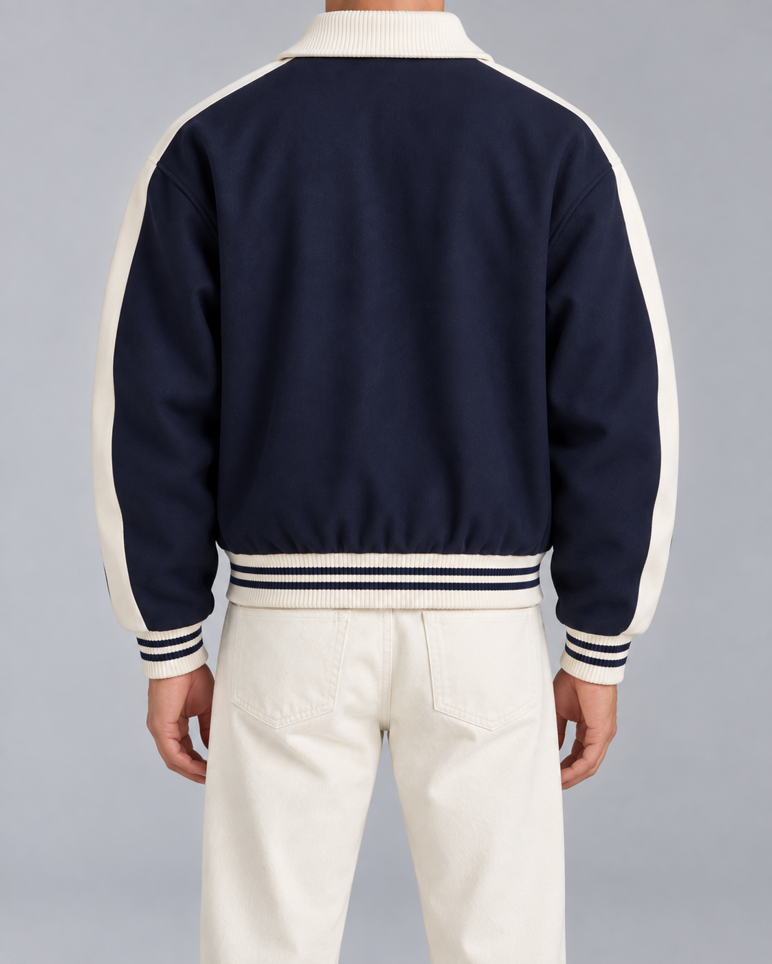 Men's Navy Varsity Jacket - Contrast Stripe Snap-Button Relaxed Fit
