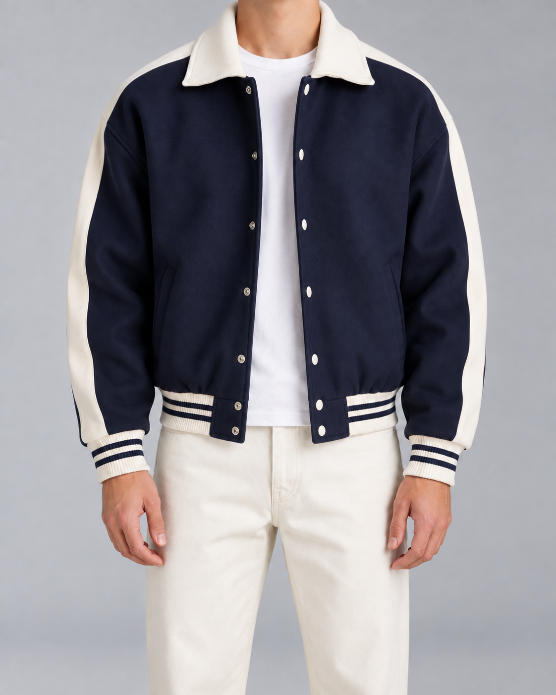 Men's Navy Varsity Jacket - Contrast Stripe Snap-Button Relaxed Fit