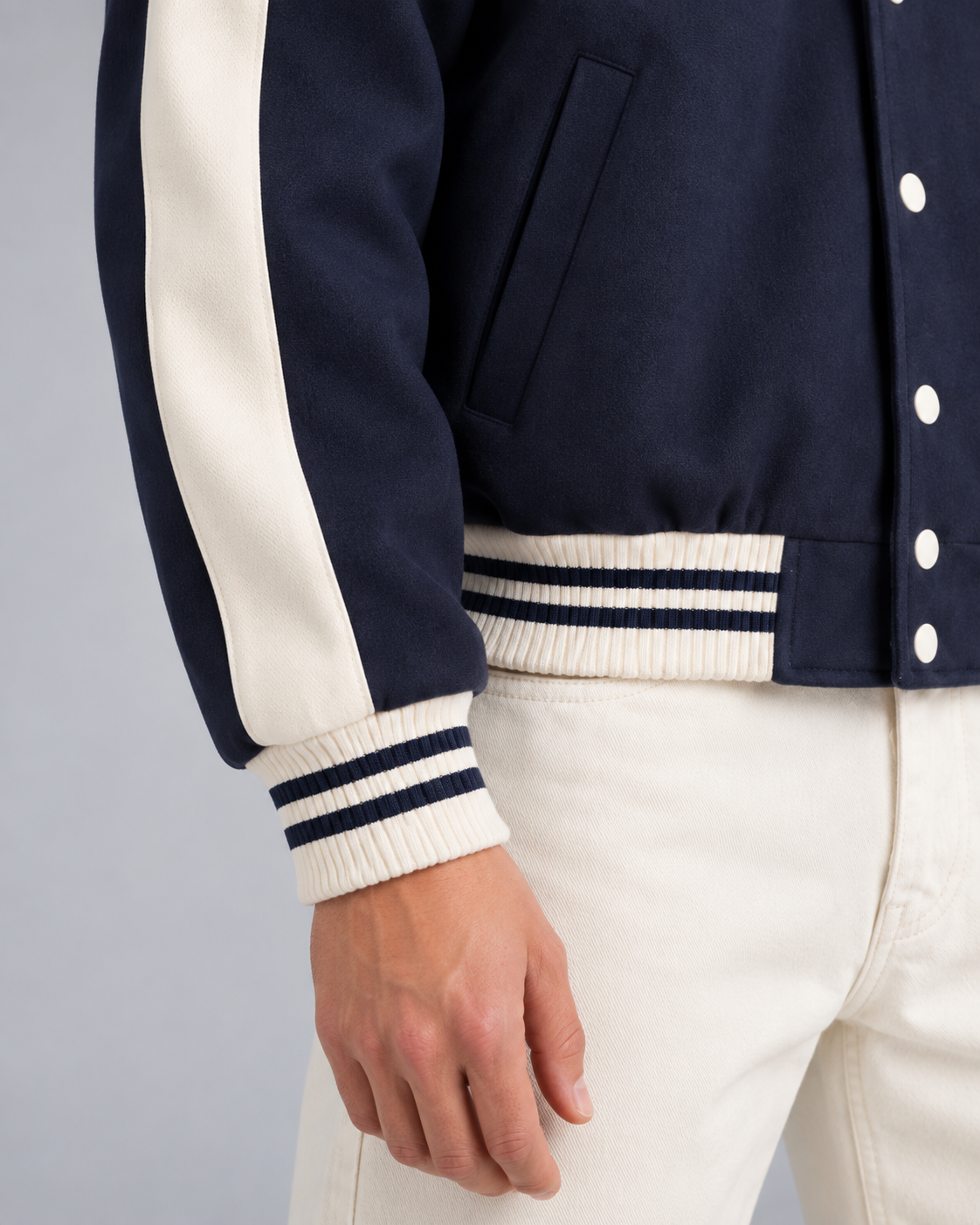 Men's Navy Varsity Jacket - Contrast Stripe Snap-Button Relaxed Fit