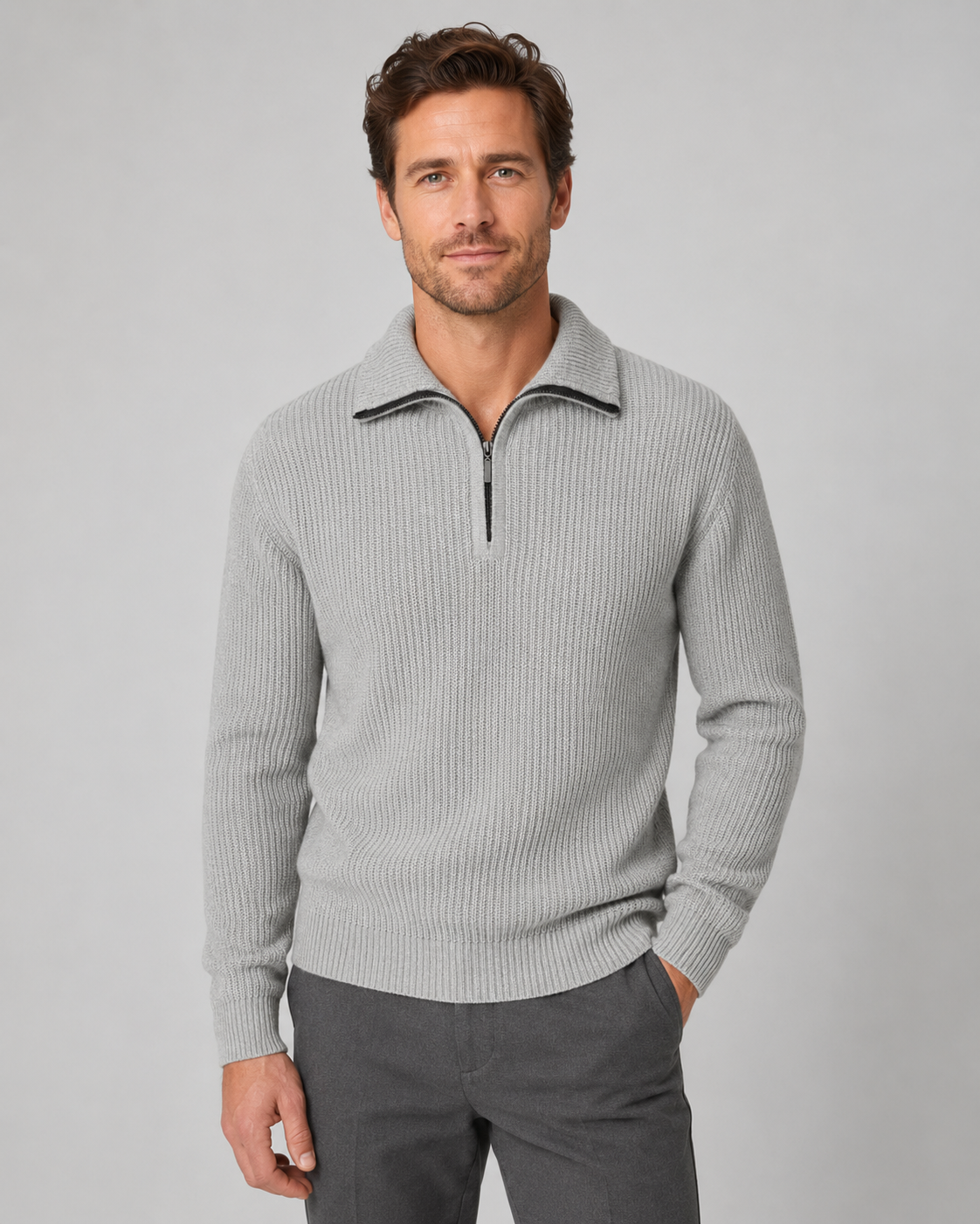 Men's Ribbed Quarter-Zip Collared Sweater
