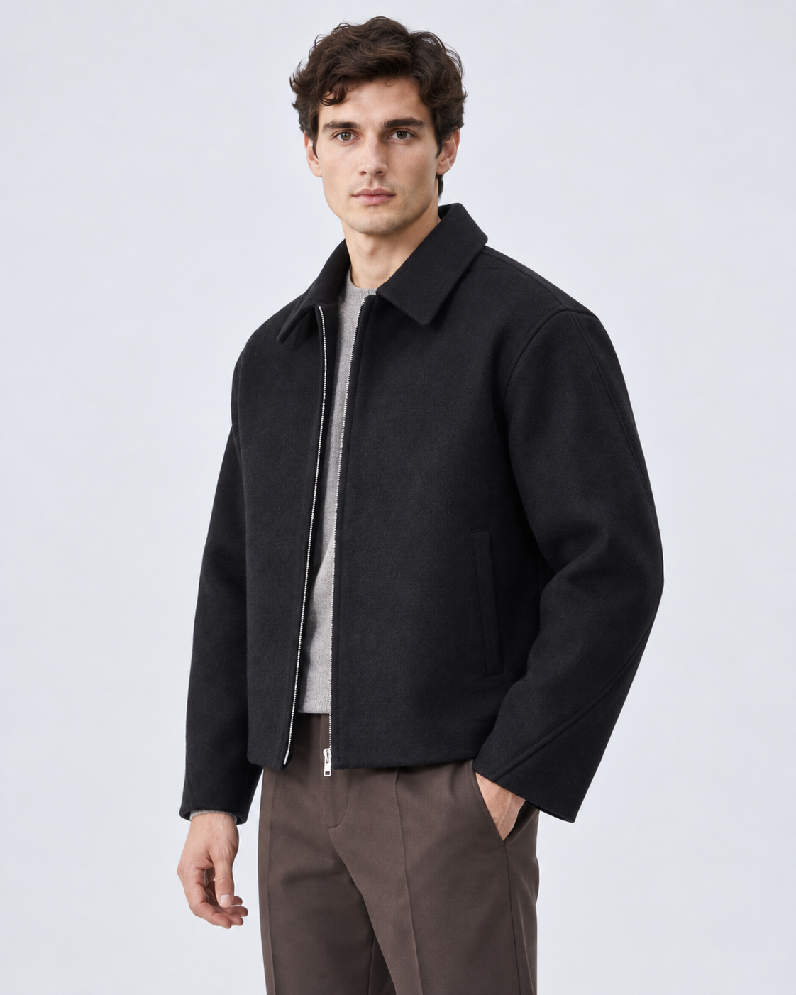 Men's Short Wool Jacket - Full Zip Boxy Fit