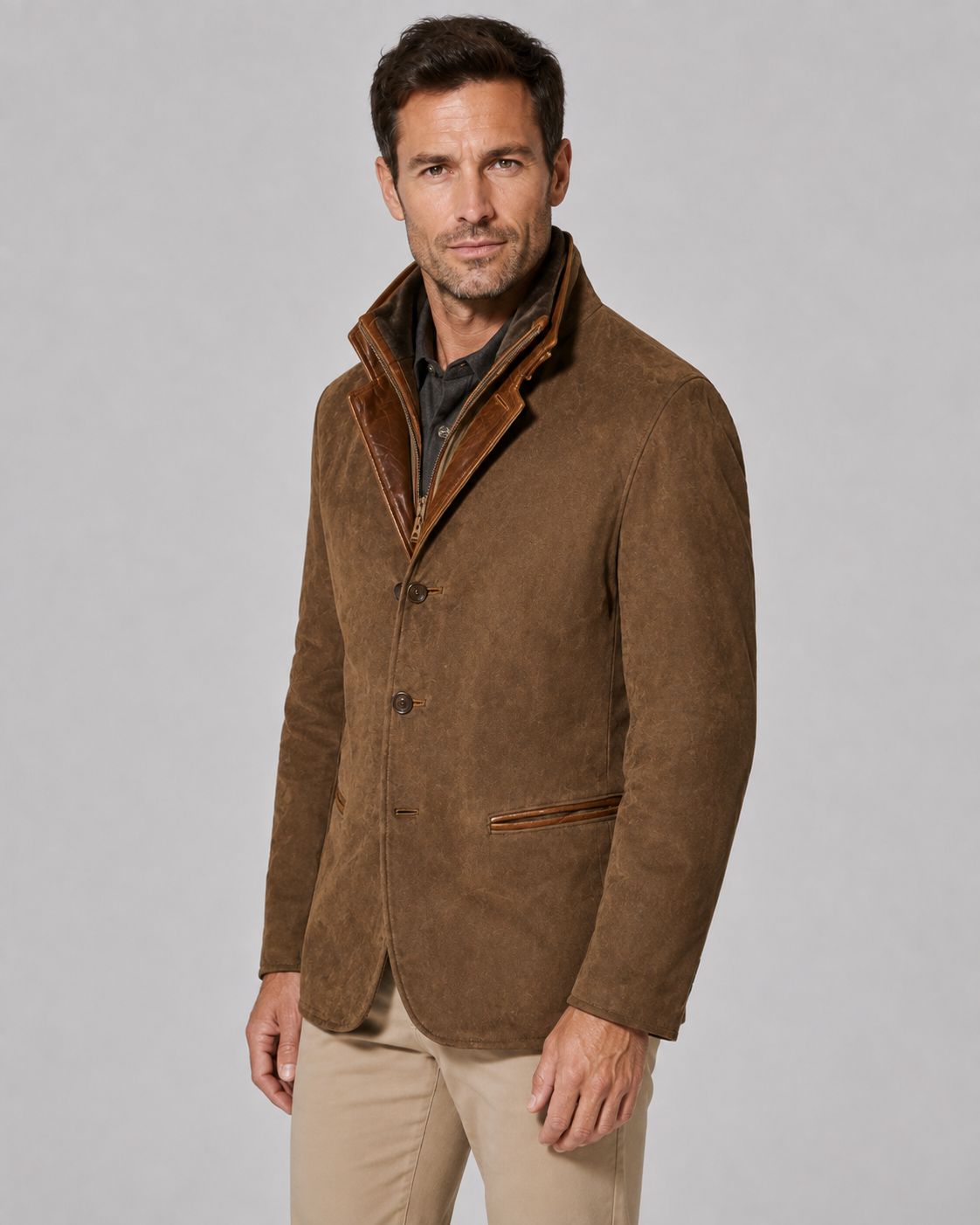 Suede Look Contrast Trim Three Button Blazer Jacket