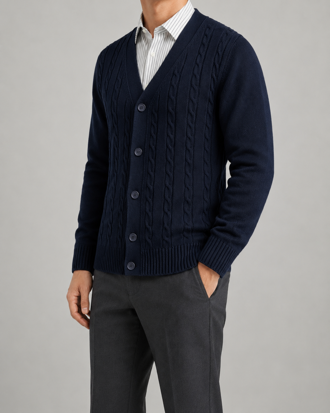 Men's V-Neck Cable Knit Cardigan - Button Front