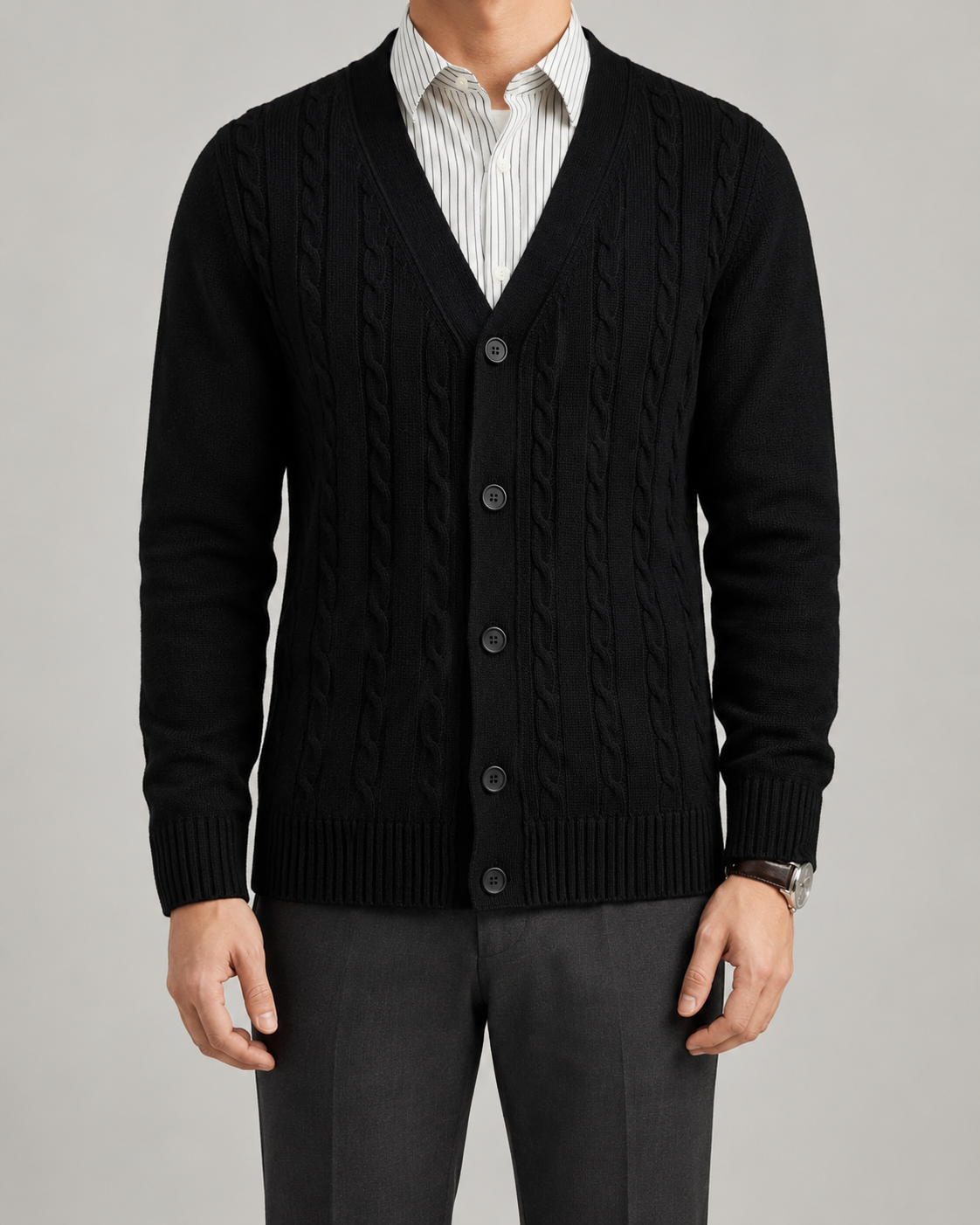Men's V-Neck Cable Knit Cardigan - Button Front