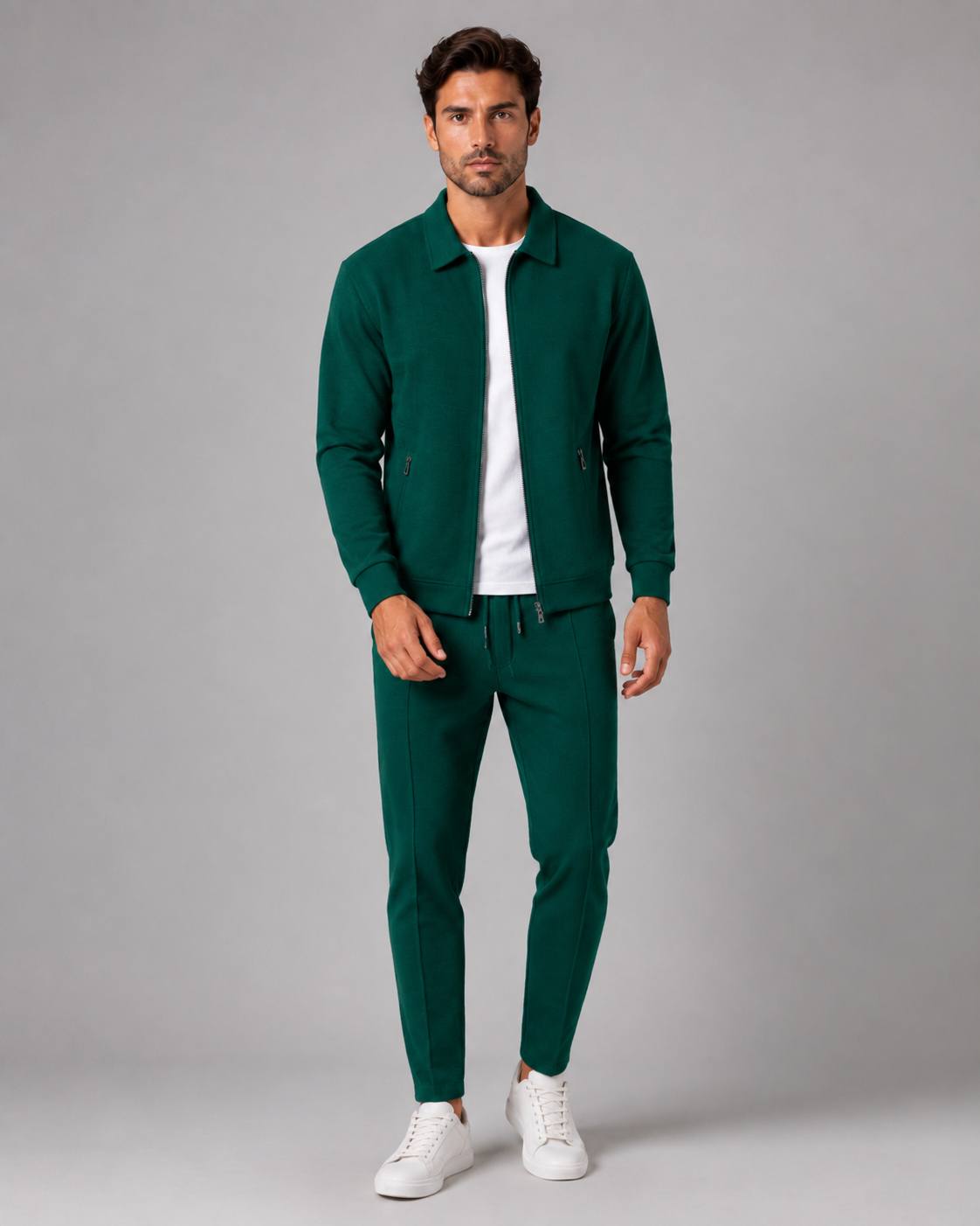 Collared Zip Jacket and Tapered Joggers Two Piece Set