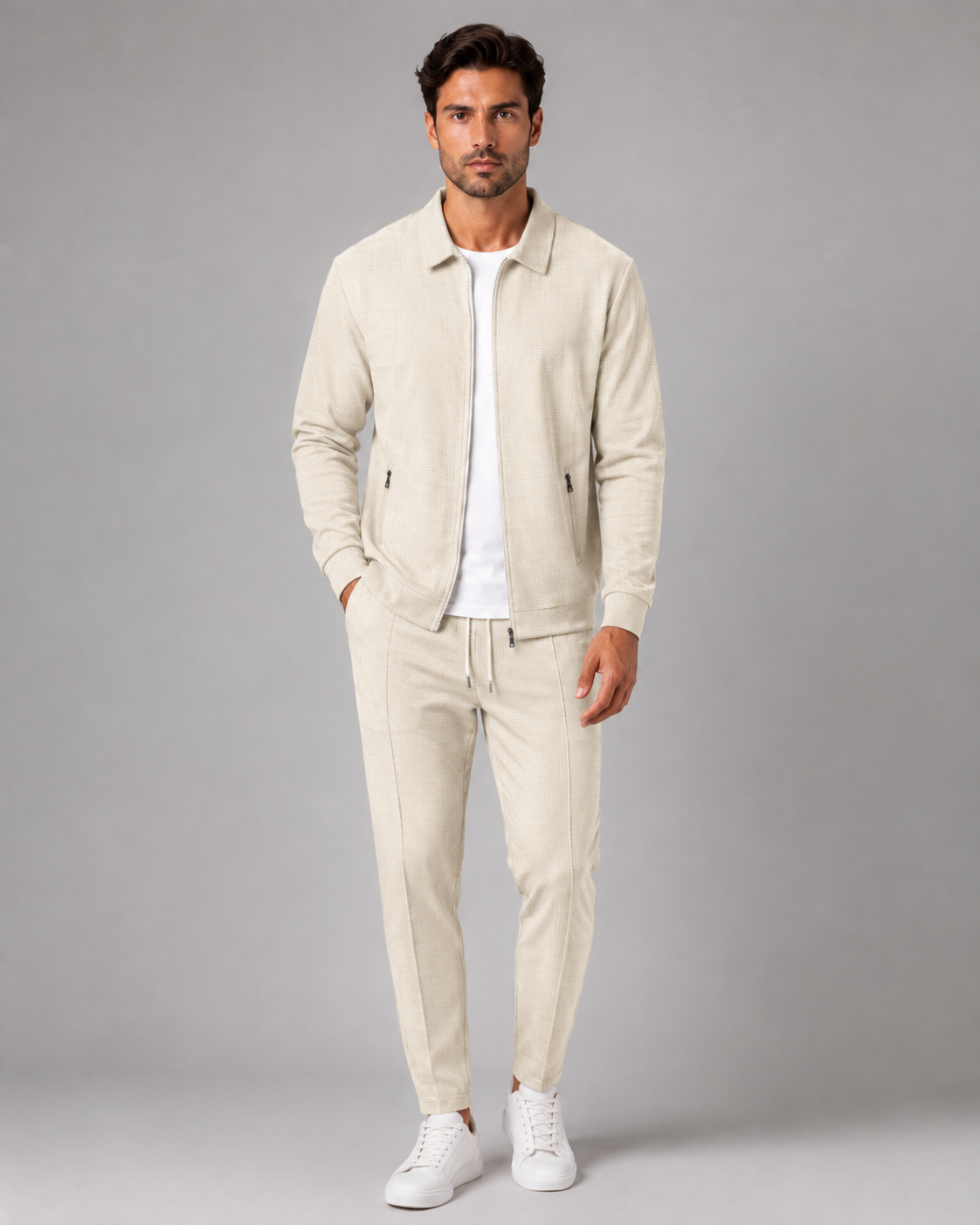 Collared Zip Jacket and Tapered Joggers Two Piece Set