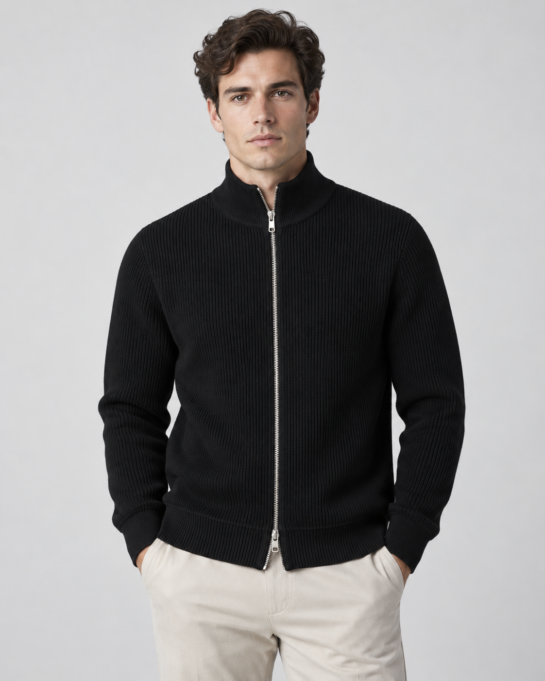 Men's Zip Sweater - Ribbed Knit Stand Collar