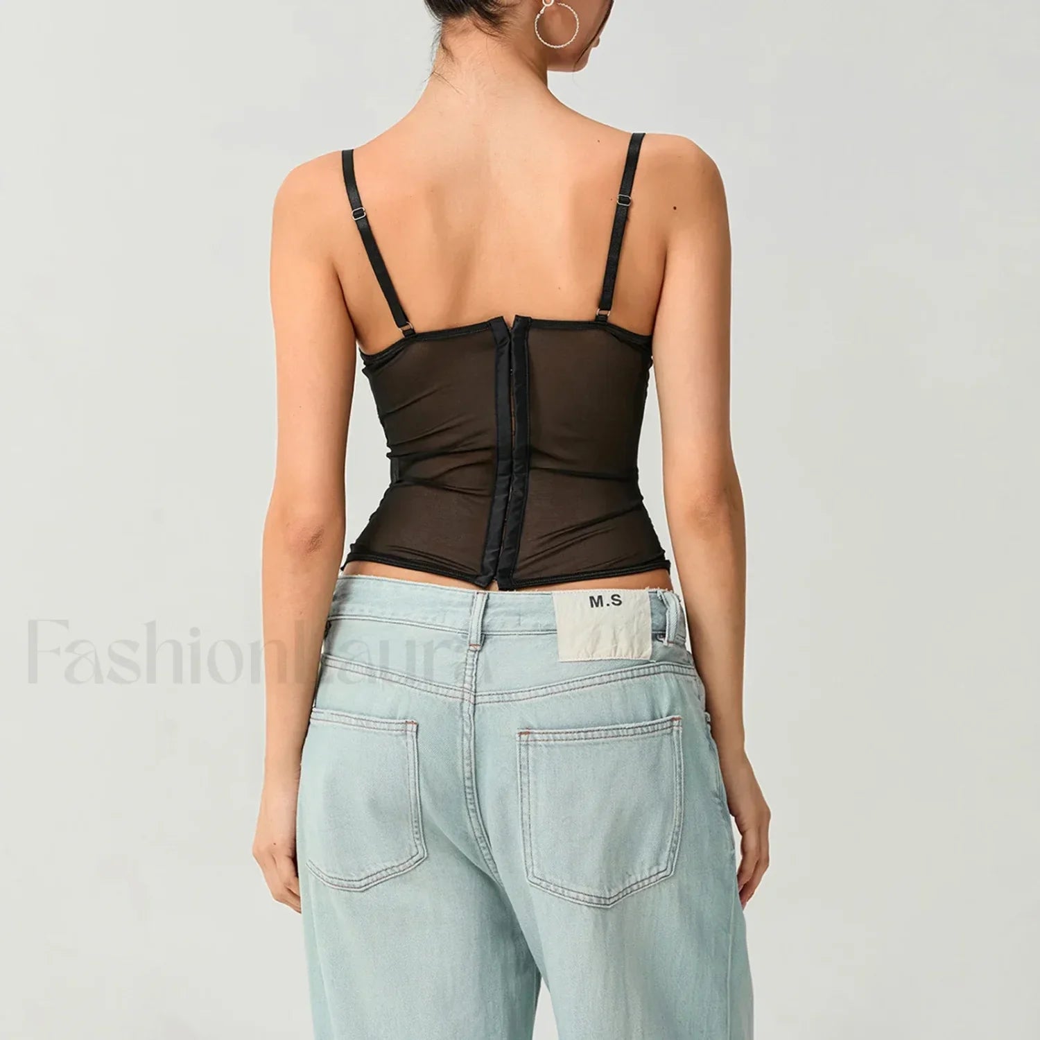 Mesh Bustier Lace Embroidery Corset Spaghetti Strap Crop Top