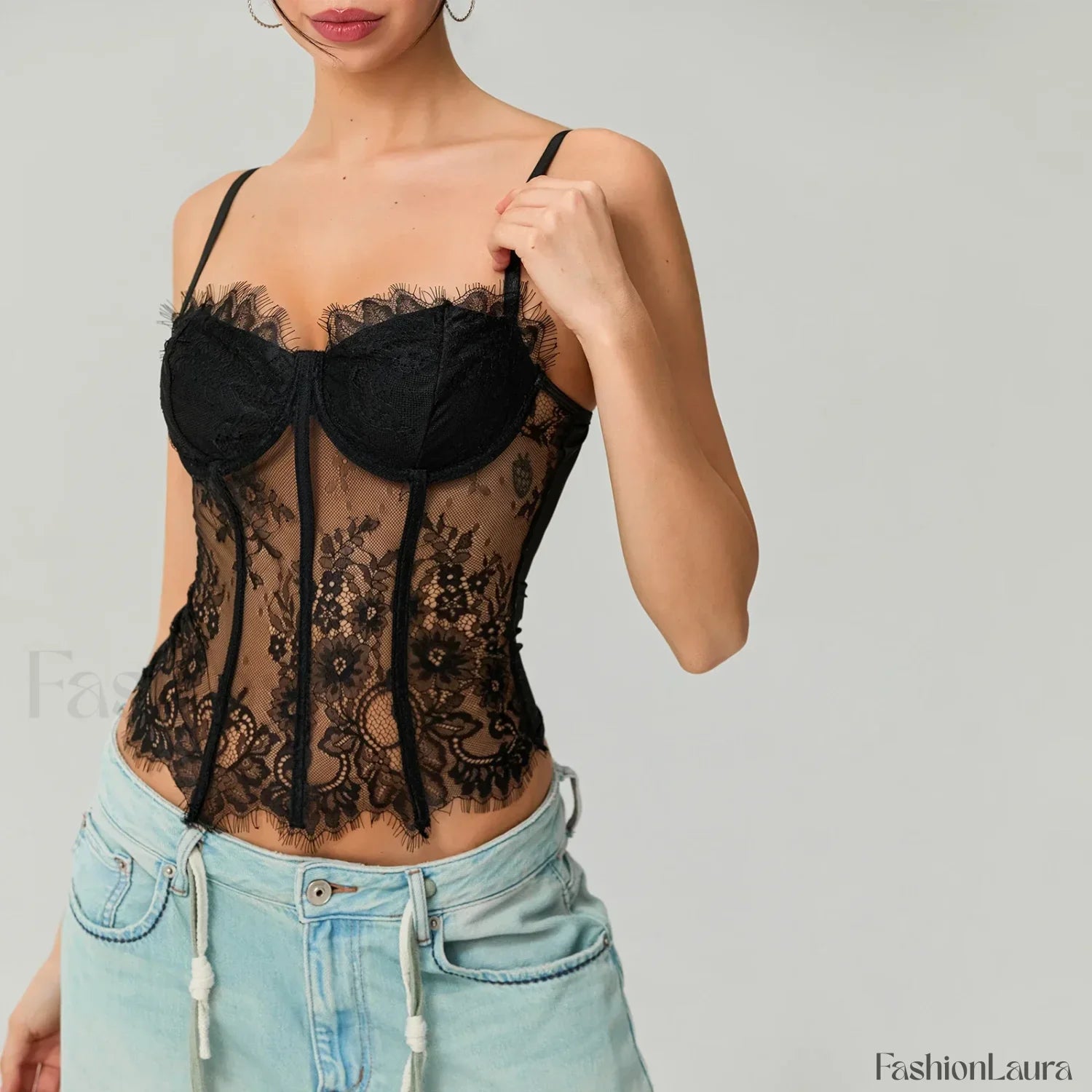 Mesh Bustier Lace Embroidery Corset Spaghetti Strap Crop Top