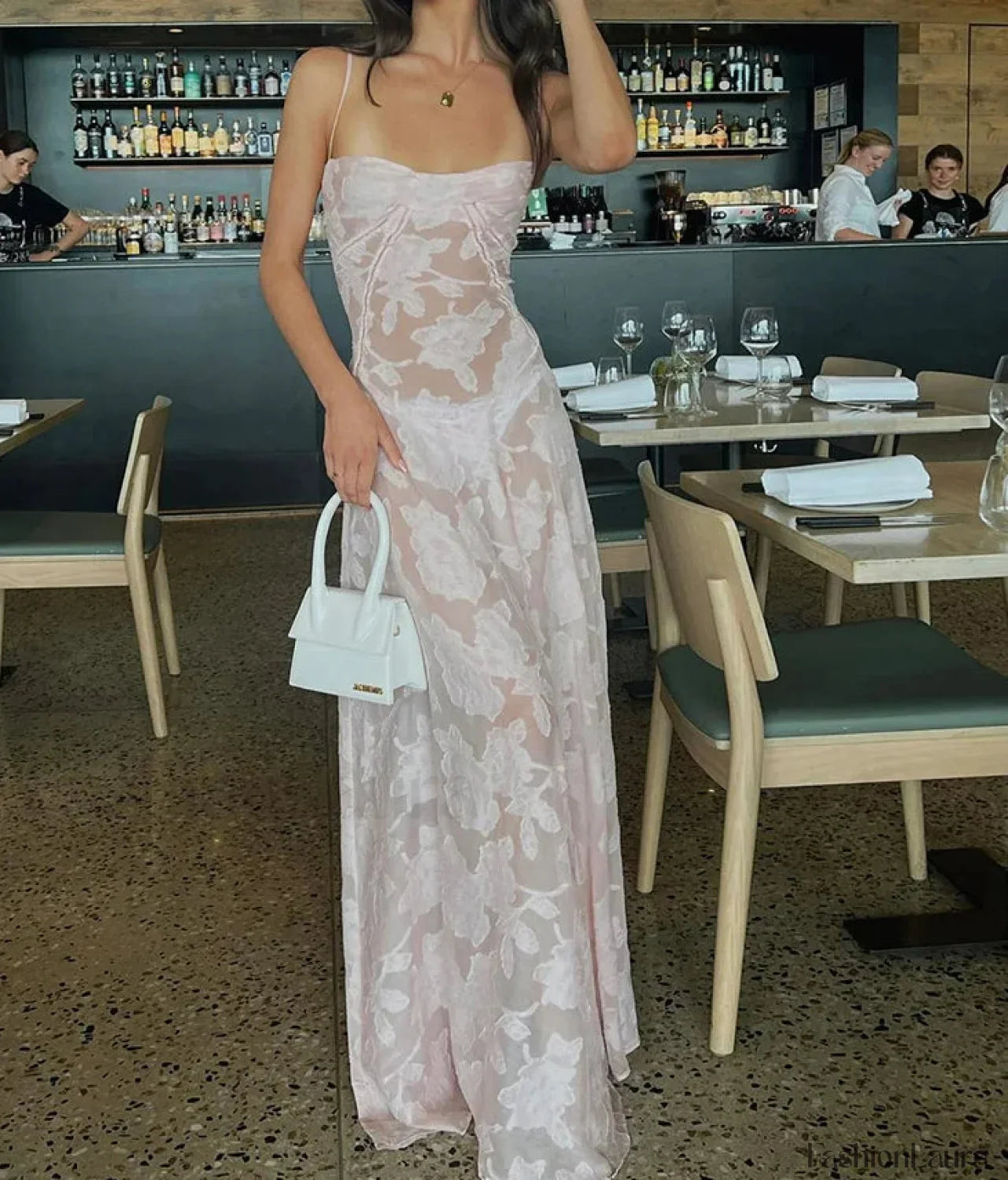 Mesh Floral Suspender Backless Maxi Dress