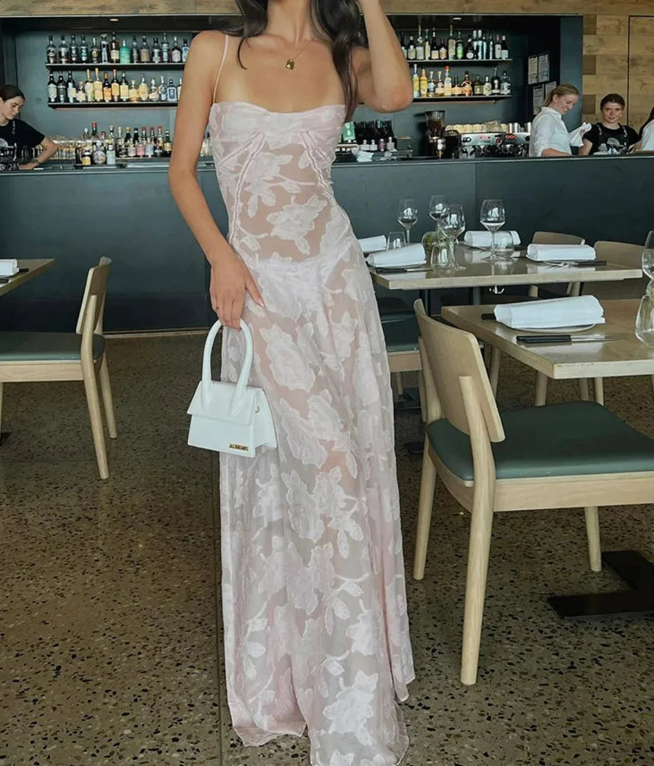 Mesh Floral Suspender Backless Maxi Dress