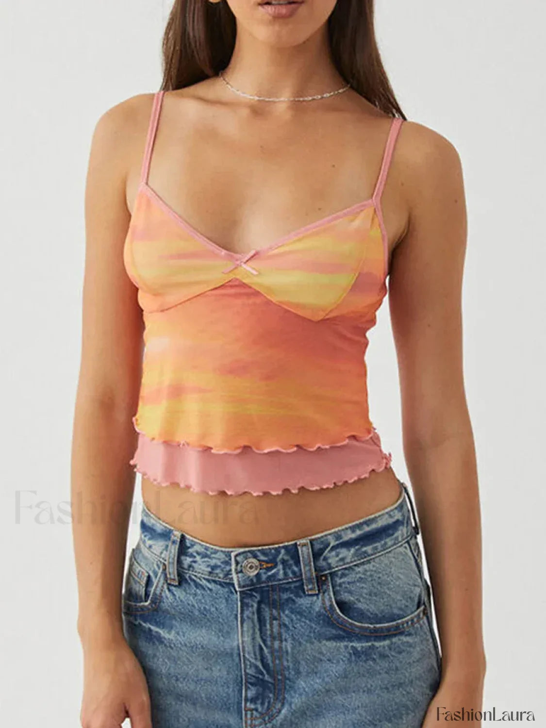Mesh Graphic Bow Ruffle Crop Top