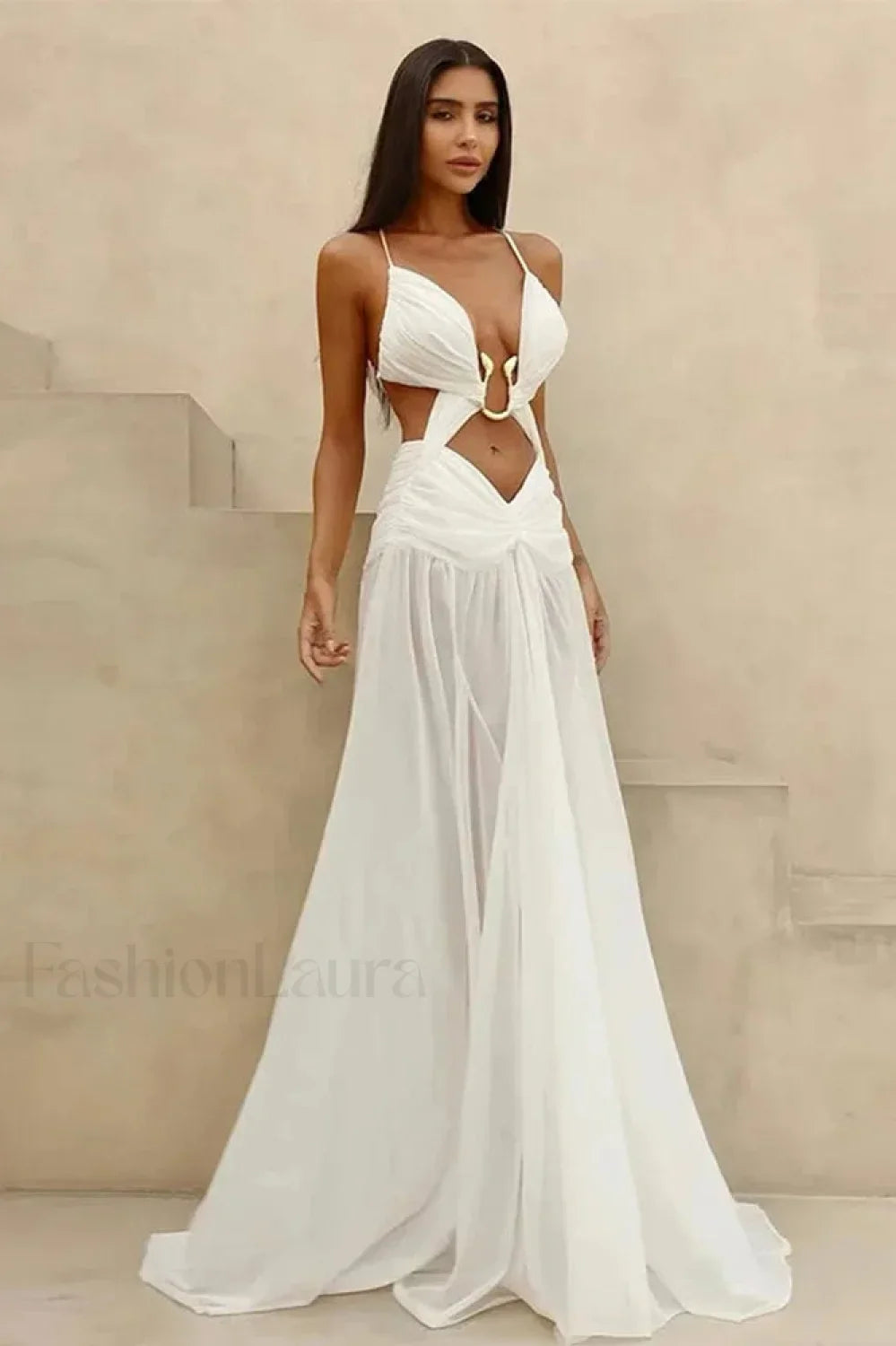 Mesh Hollow Out Boho Dress White / S