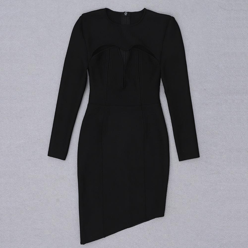 Long Sleeve Cut Out Deep V-Neck Padded Shoulder Asymmetrical Hem Bodycon Mini Dress