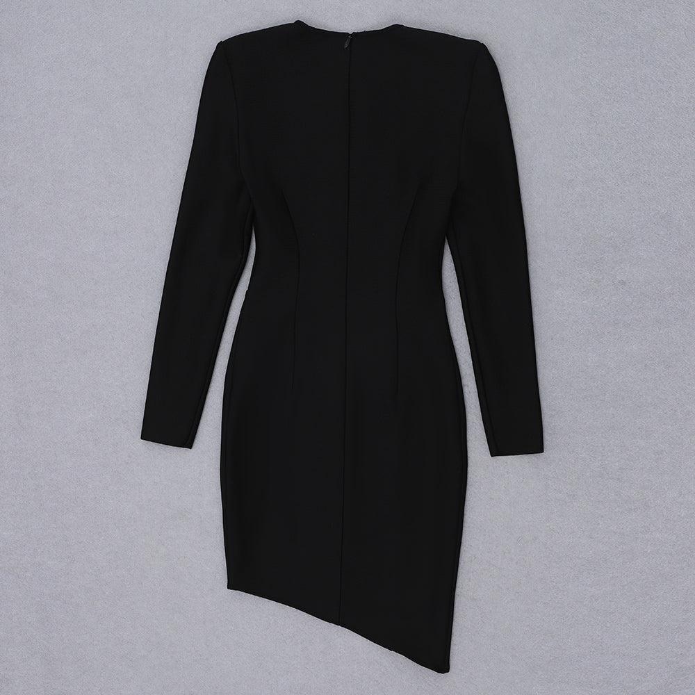 Long Sleeve Cut Out Deep V-Neck Padded Shoulder Asymmetrical Hem Bodycon Mini Dress