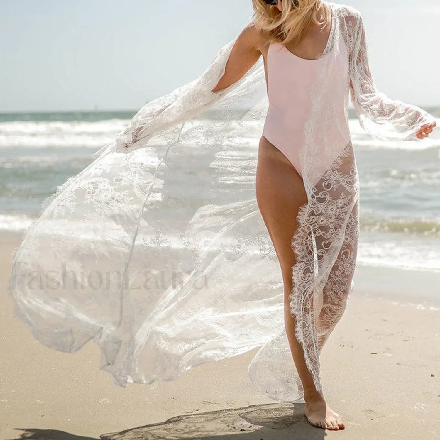 Mesh Lace Long Sleeve Cover Up WHITE / M