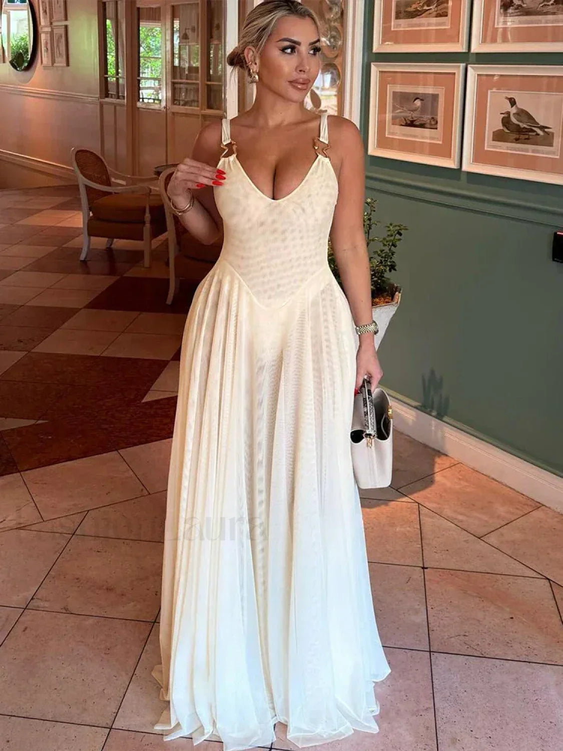 Mesh Metal Buckle Skinny Maxi Dress Khaki / S