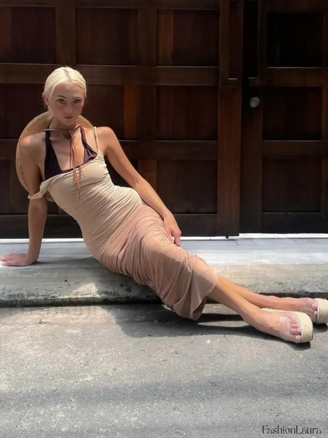 Mesh Patchwork Pleated Midi Dress