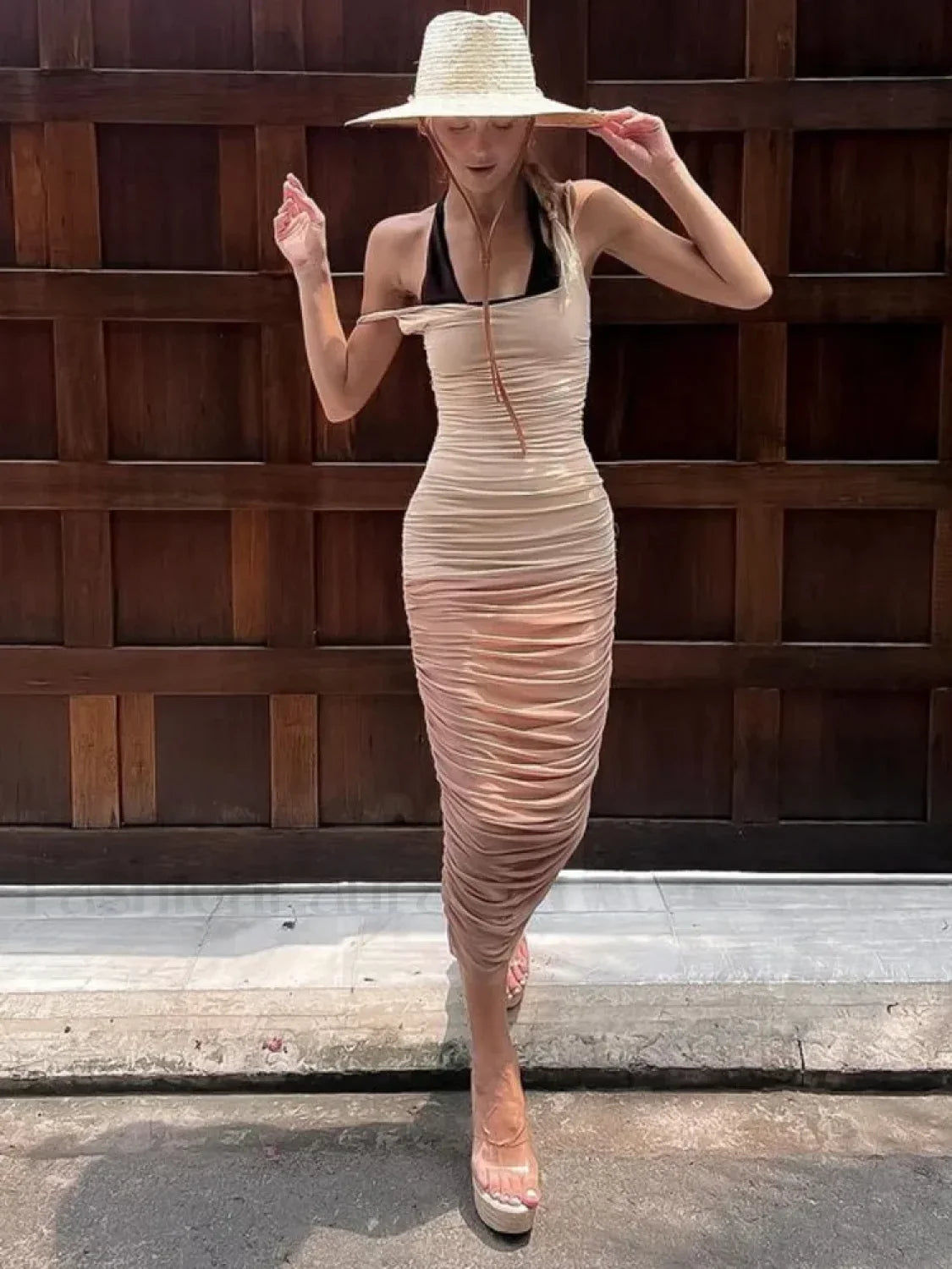 Mesh Patchwork Pleated Midi Dress