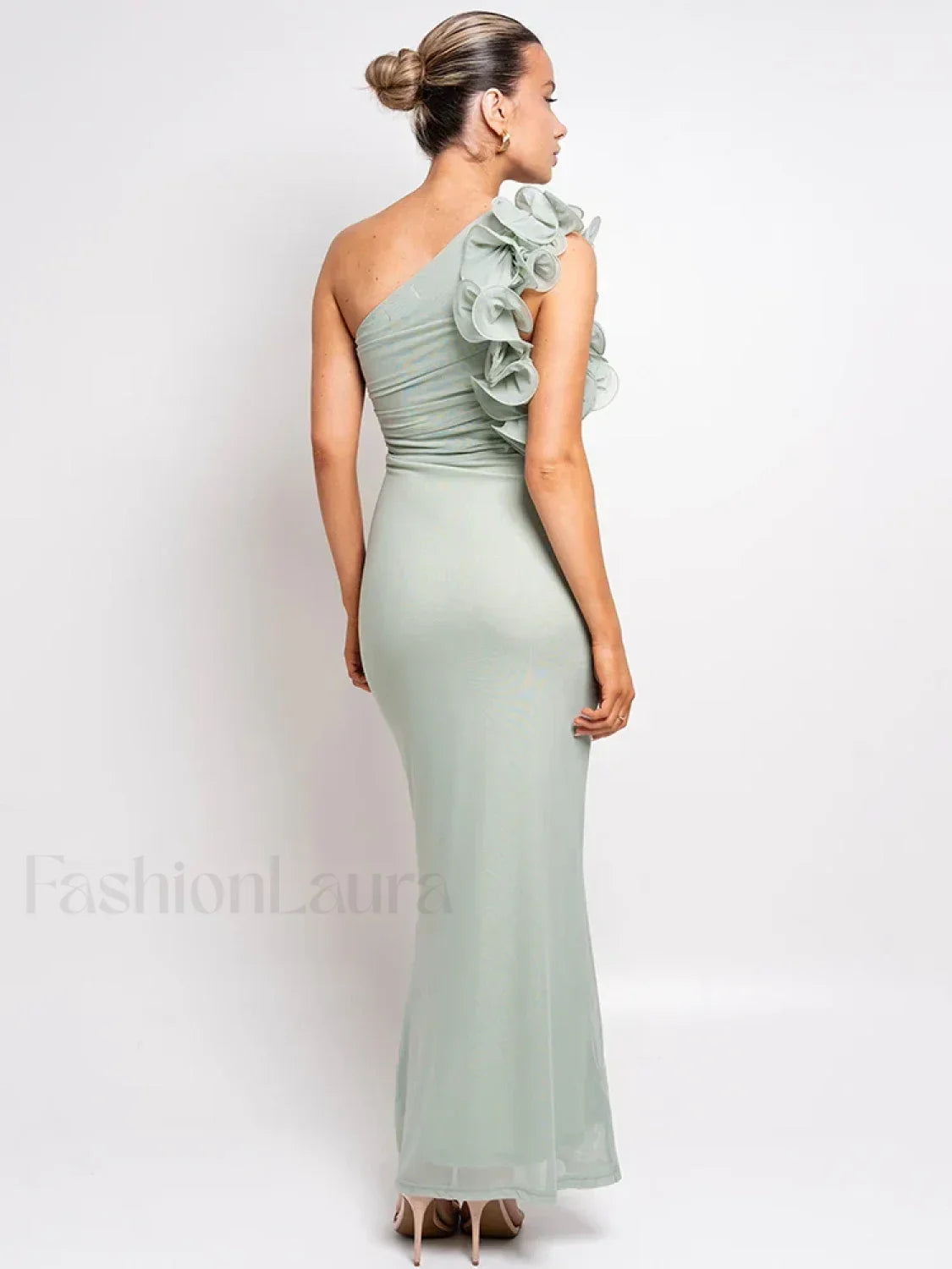 Mesh Ruched Oblique Maxi Dress