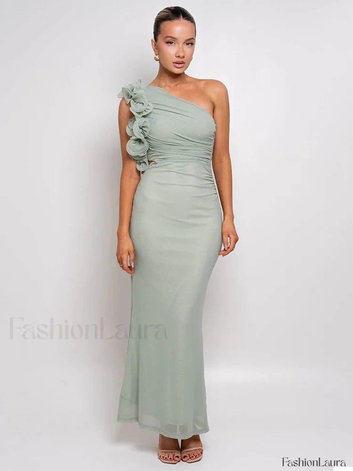 Mesh Ruched Oblique Maxi Dress