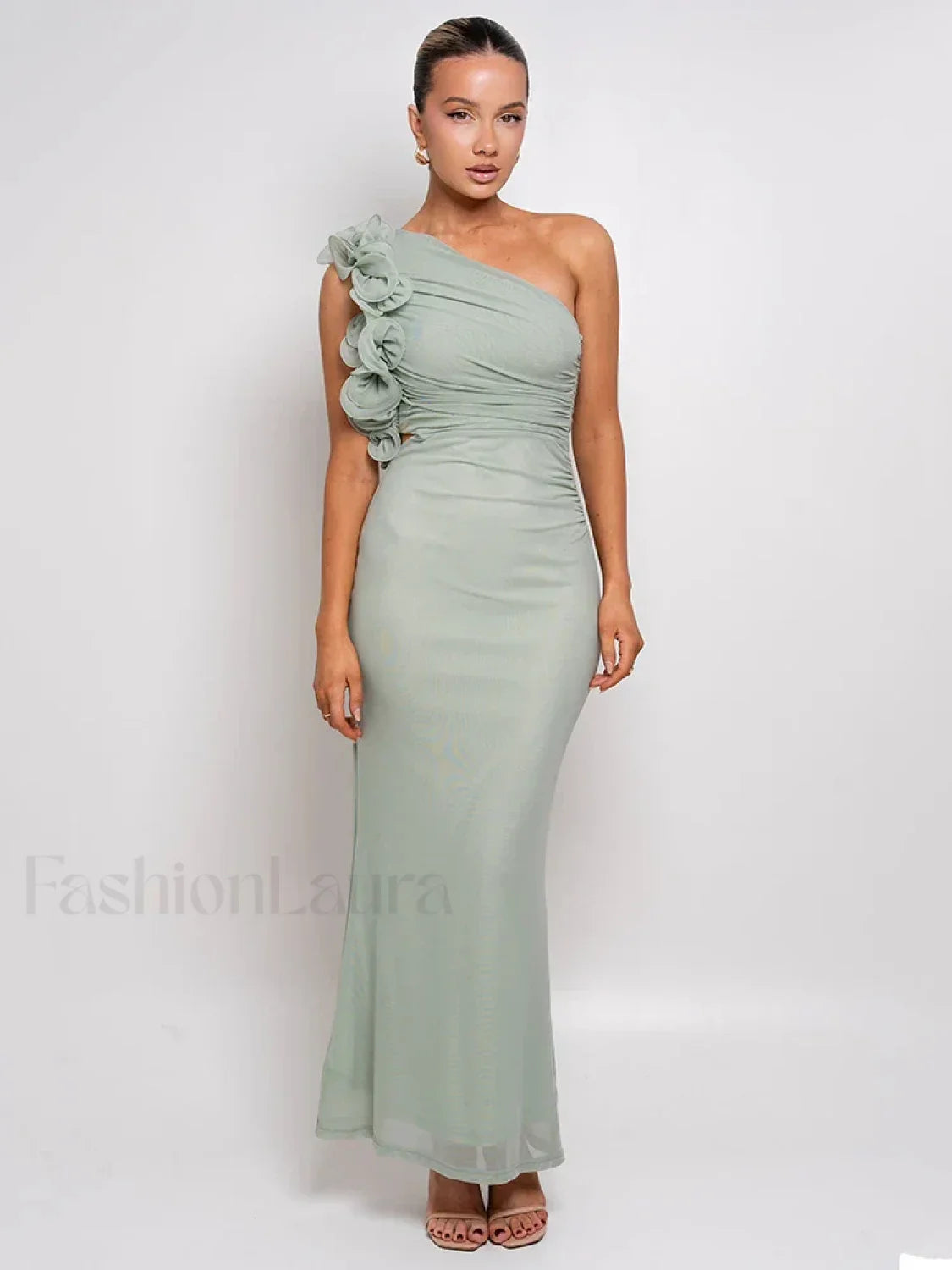 Mesh Ruched Oblique Maxi Dress Green / S