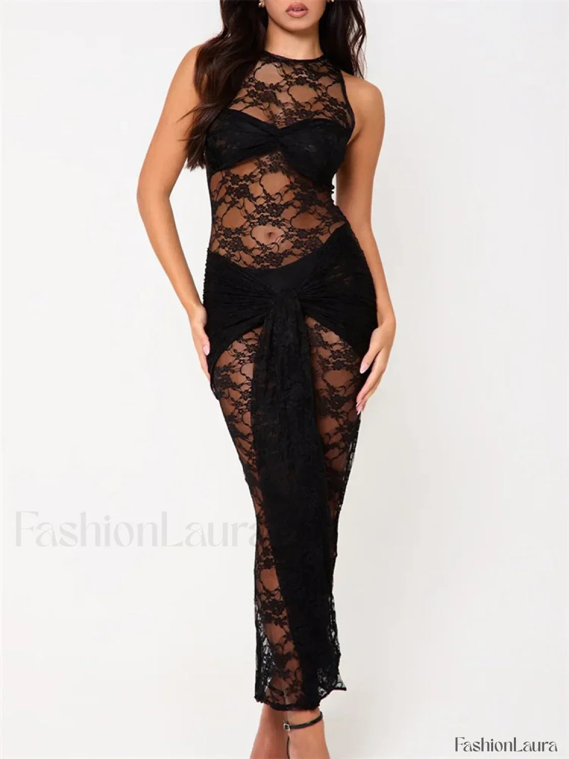 Mesh Sheer Flower Knot Maxi Dress