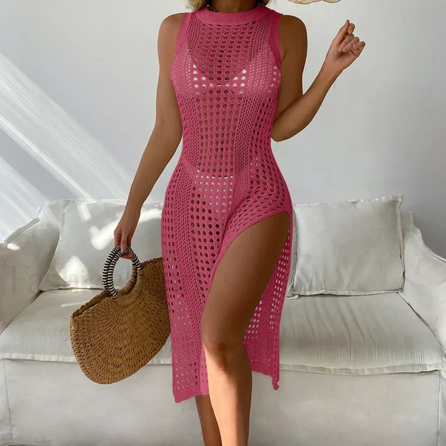 Mesh Sleeveless Slit Beach Cover Up