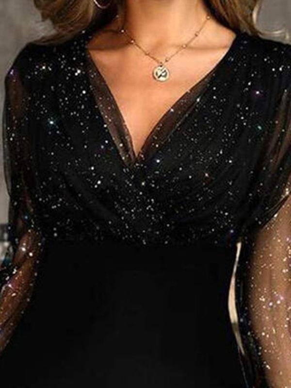 Mesh Glitter Deep V-Neck Wrap Sequin Panel Long Sleeve Bodycon Mini Party Dress