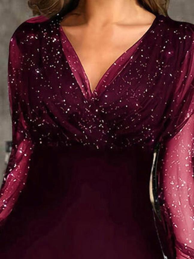 Mesh Glitter Deep V-Neck Wrap Sequin Panel Long Sleeve Bodycon Mini Party Dress