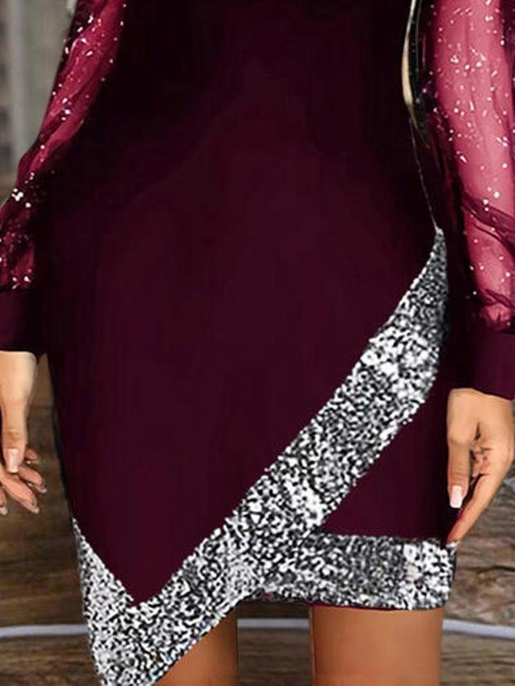 Mesh Glitter Deep V-Neck Wrap Sequin Panel Long Sleeve Bodycon Mini Party Dress