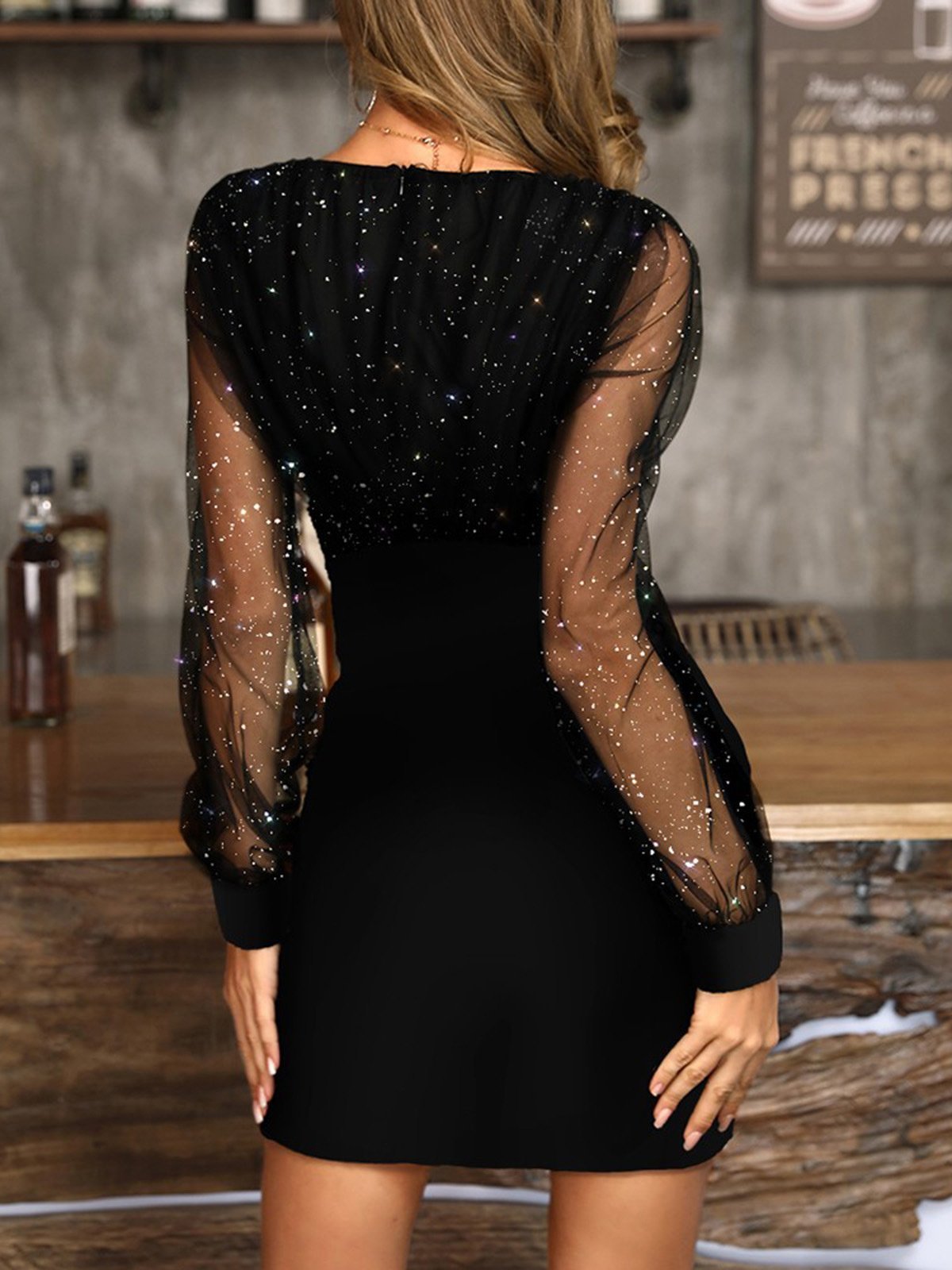 Mesh Glitter Deep V-Neck Wrap Sequin Panel Long Sleeve Bodycon Mini Party Dress