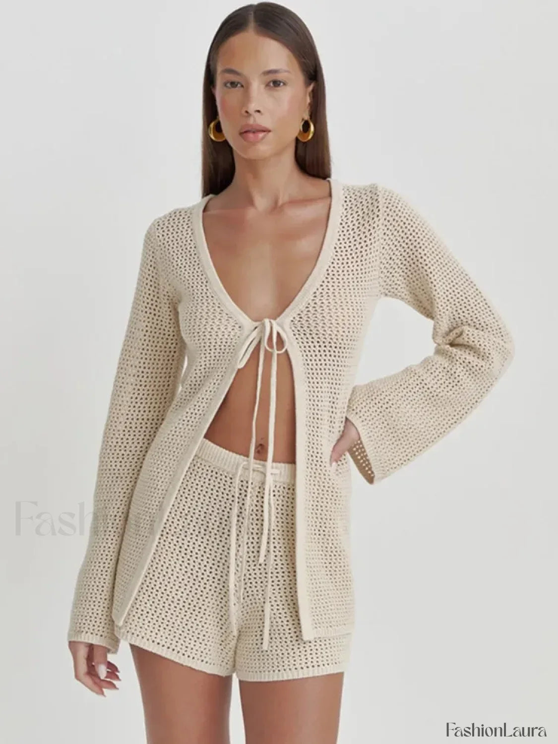 Mesh Tie-Up Long Sleeve Cover Up